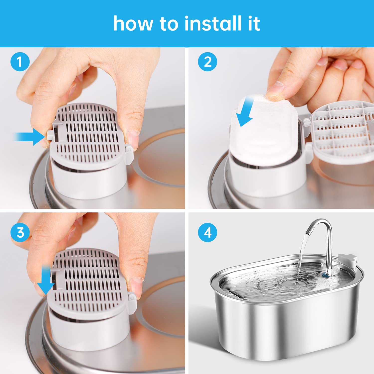 Cat Water Fountain Filters, 4 Pack Replacement Filters & Pre-Filter Sponges For 3.2L/108Oz & 67Oz/2L Stainless Steel Pet Fountai