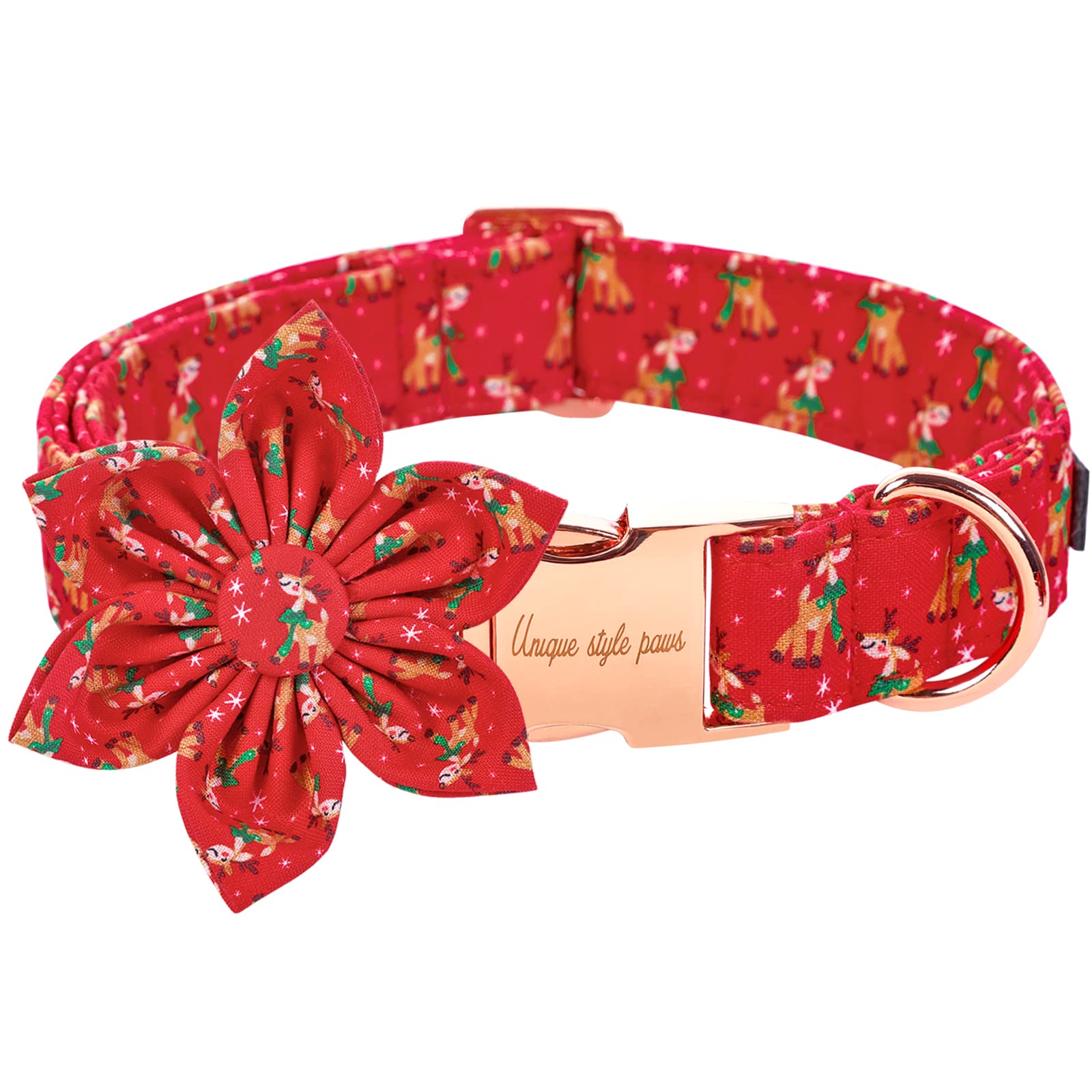 Unique Style Paws Christmas Dog Collar With Flower Tie Red Elk Pure Cotton Collar Adjustable Puppy Collar For Small Medium Large Dogs-Xs