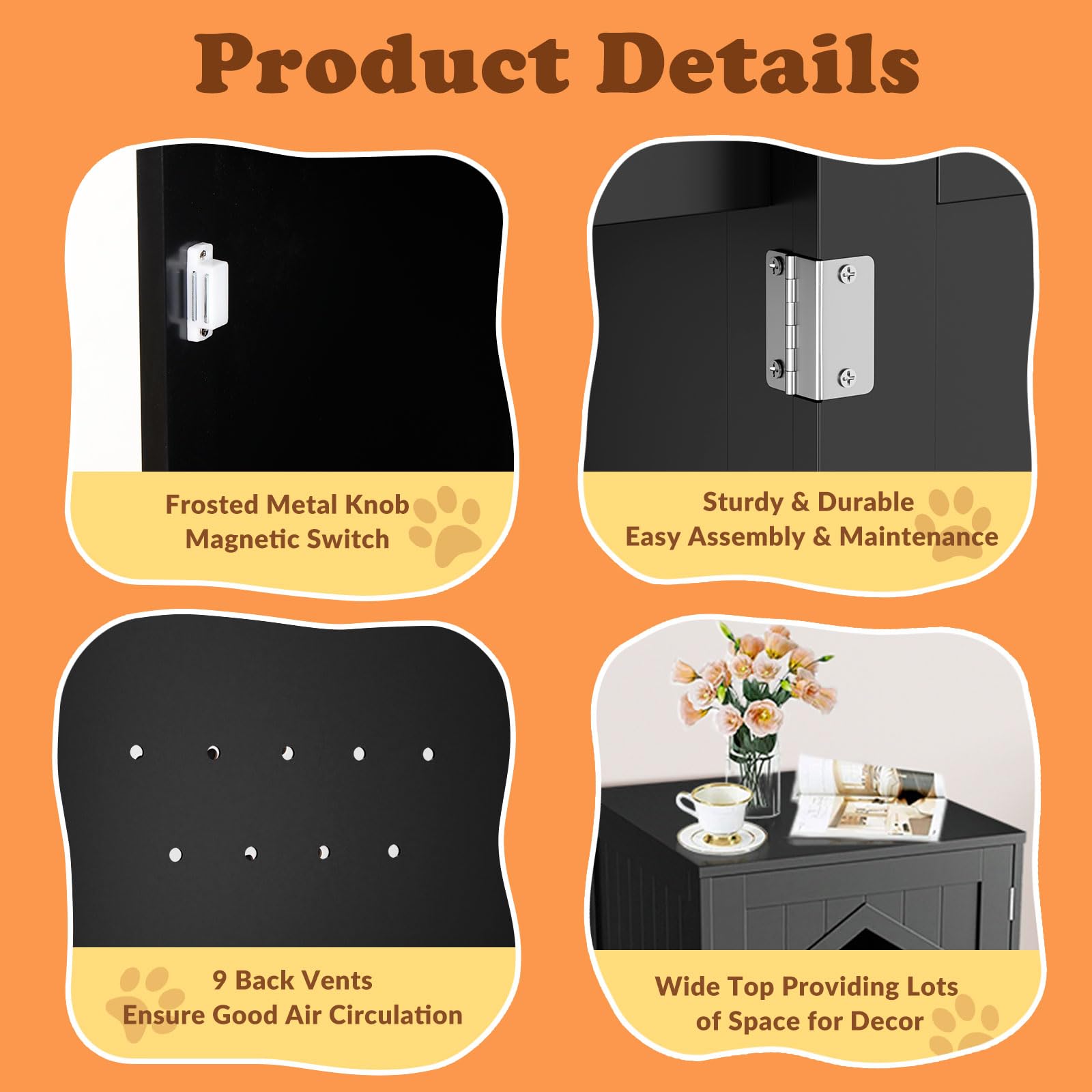 ZENY Hidden Cat Litter Box Furniture - Enclosed Cabinet With Vent Holes, Indoor Wooden Washroom, End Table, Nightstand (Black)