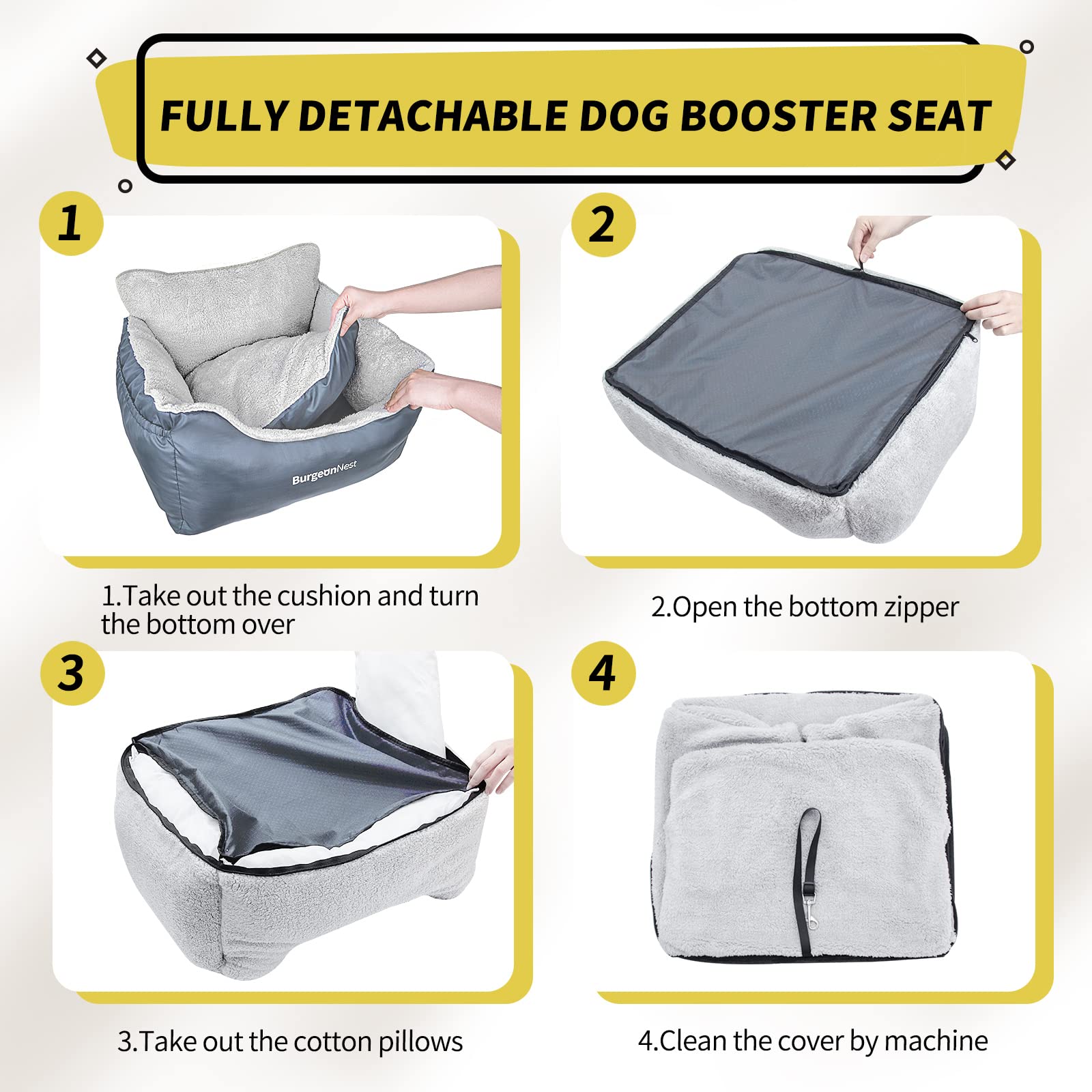 Burgeonnest Dog Car Seat For Small Dogs, Washable Soft Dog Booster Seats For Small Pets Under 25 Lbs, Portable Dog Carseat Travel Bed With Storage Pockets And Clip-On Leash