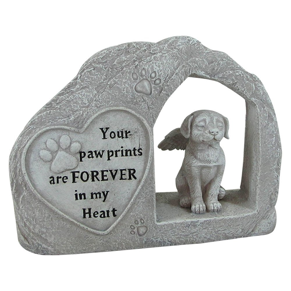 Comfy Hour Loving Memory Collection 7' Height Polyresin Memorial Dog Angel Pet Statue (Your Paw Prints Are Forever In My Heart), Handmade Light Gray, Stone Looking, For Your Home Or Garden