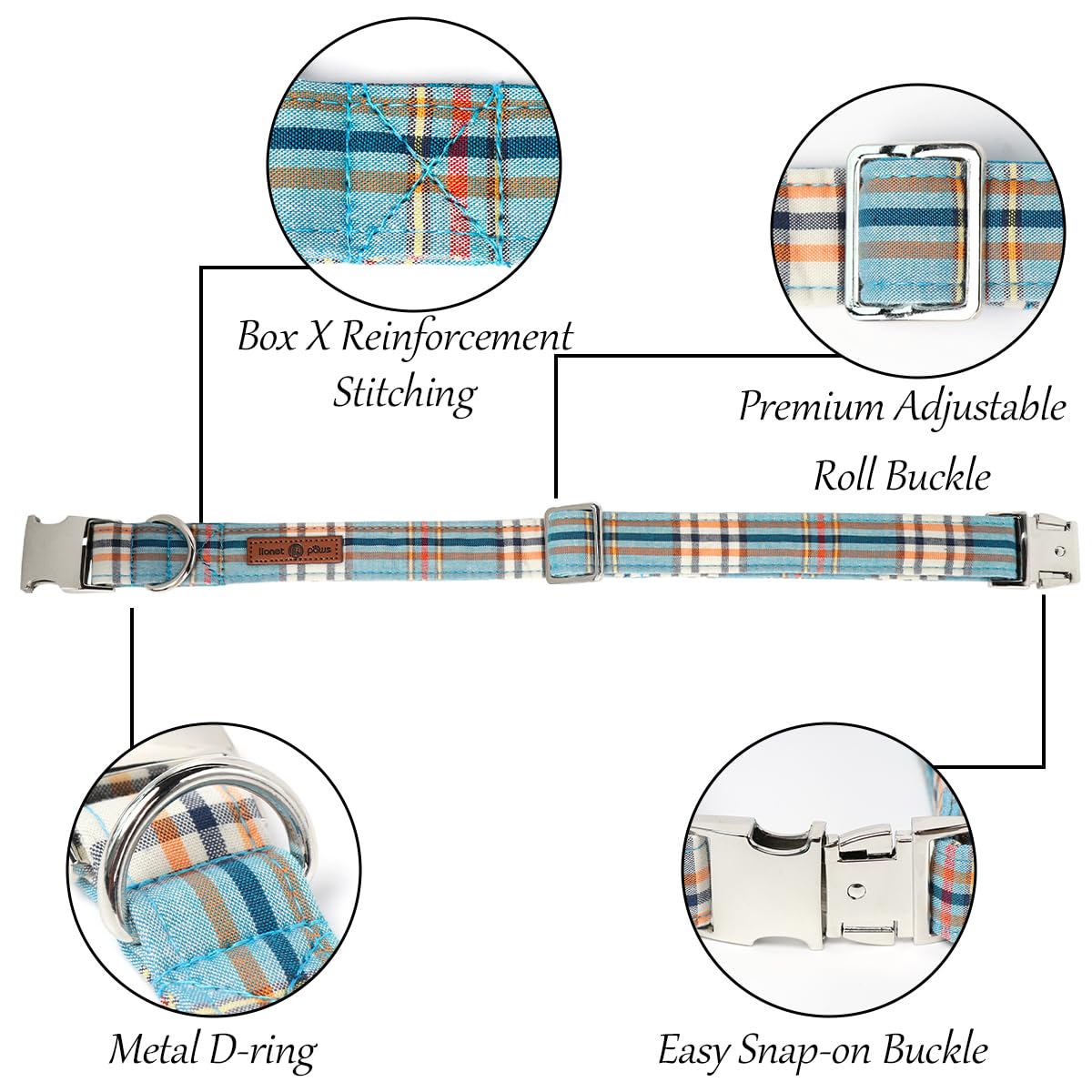 Lionet Paws Boy Dog Collar, Comfortable Adjustable Cute Blue Plaid Collar With Metal Buckle For Male Puppies And Cats, Xs, Neck
