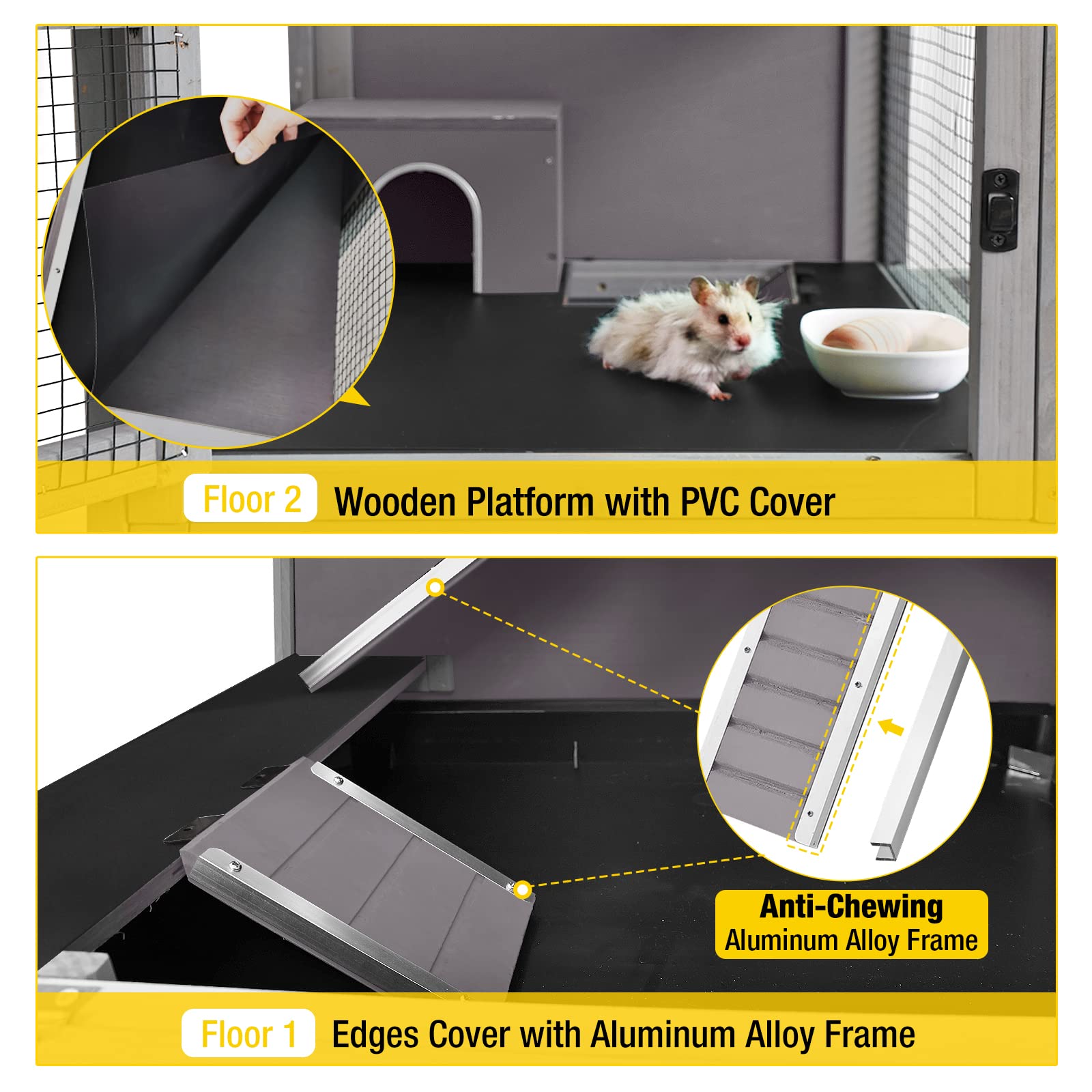 Aivituvin Guinea Pig Cage 2 Levels Wooden Rabbit Hutch With 2.36   Deeper Anti-Chewing Pull Out Tray Rat Cage With Hideout,Alumi