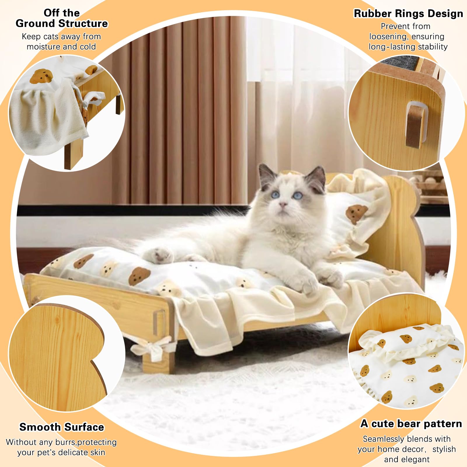 Siyingsaery Elevated Cat Bed For Indoor Cats: Natural Wooden Cat Hammock Bed With Raised Legs Washable Mattress Pillow For Small