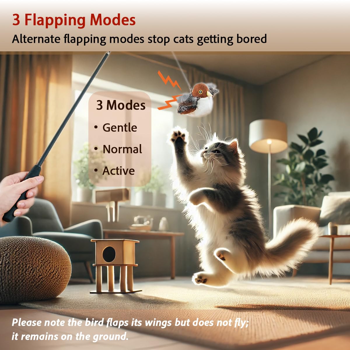 Vobest Realistic Cat Toys, Rechargeable Interactive Flappy Bird, Flapping Bird Sparrow, Touch Activated Kitten Toy Cat Exercise
