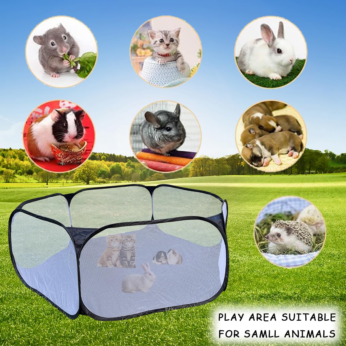 LAIRIES Small Animals Tent, Breathable Transparent Pet Playpen Pop Open Outdoor/Indoor Exercise Fence, Portable Yard Fence for G