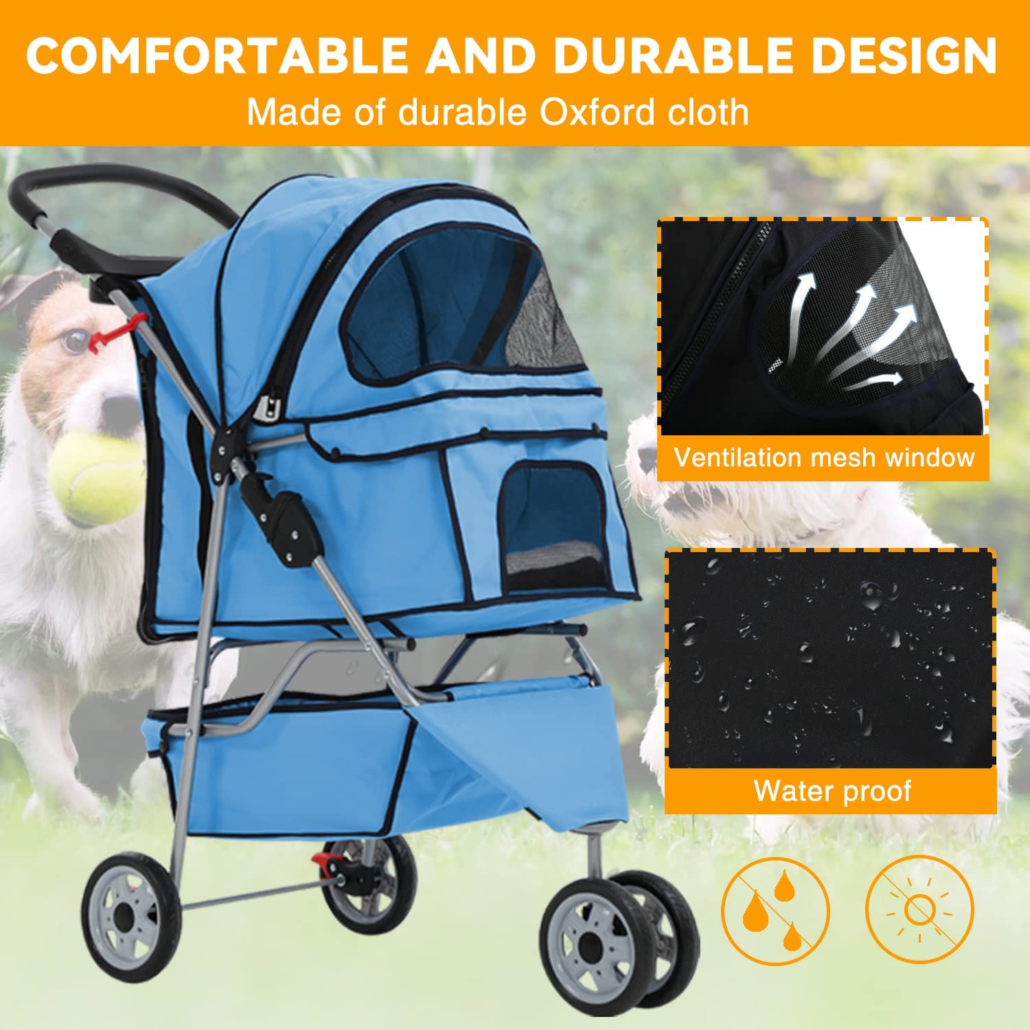 Hcy Folding Dog Stroller, 3 Wheels Pet Strollers Pet Gear For Small Medium Cats Dogs Puppy With Storage Basket, Cup Holder,Lightweight Blue 35.04Inchx17.32Inchx38.58Inch