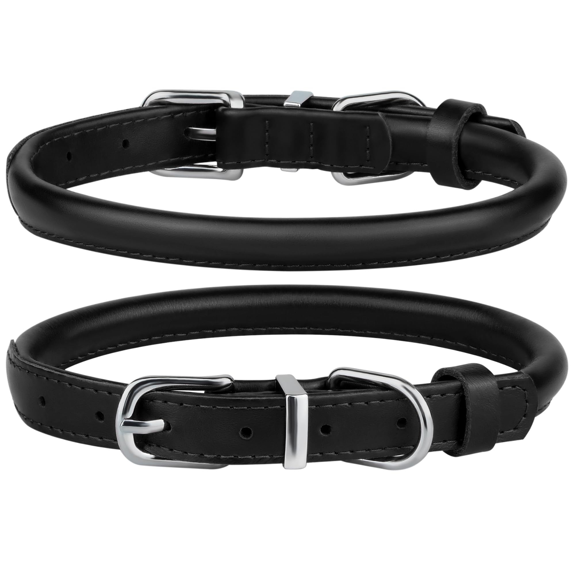 Bronzedog Rolled Leather Dog Collar For Small Medium Large Dogs With Qr Id Tag (Xs: 9-11 Inch, Glossy Black)