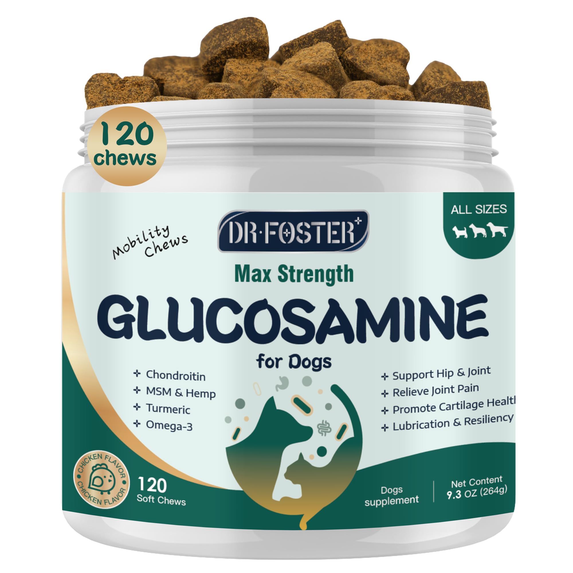 Glucosamine for Dogs, Hip and Joint Supplement for Dogs with Chondroitin, MSM, Turmeric, Omega-3 & Calcium, Dog Glucosamine Supp