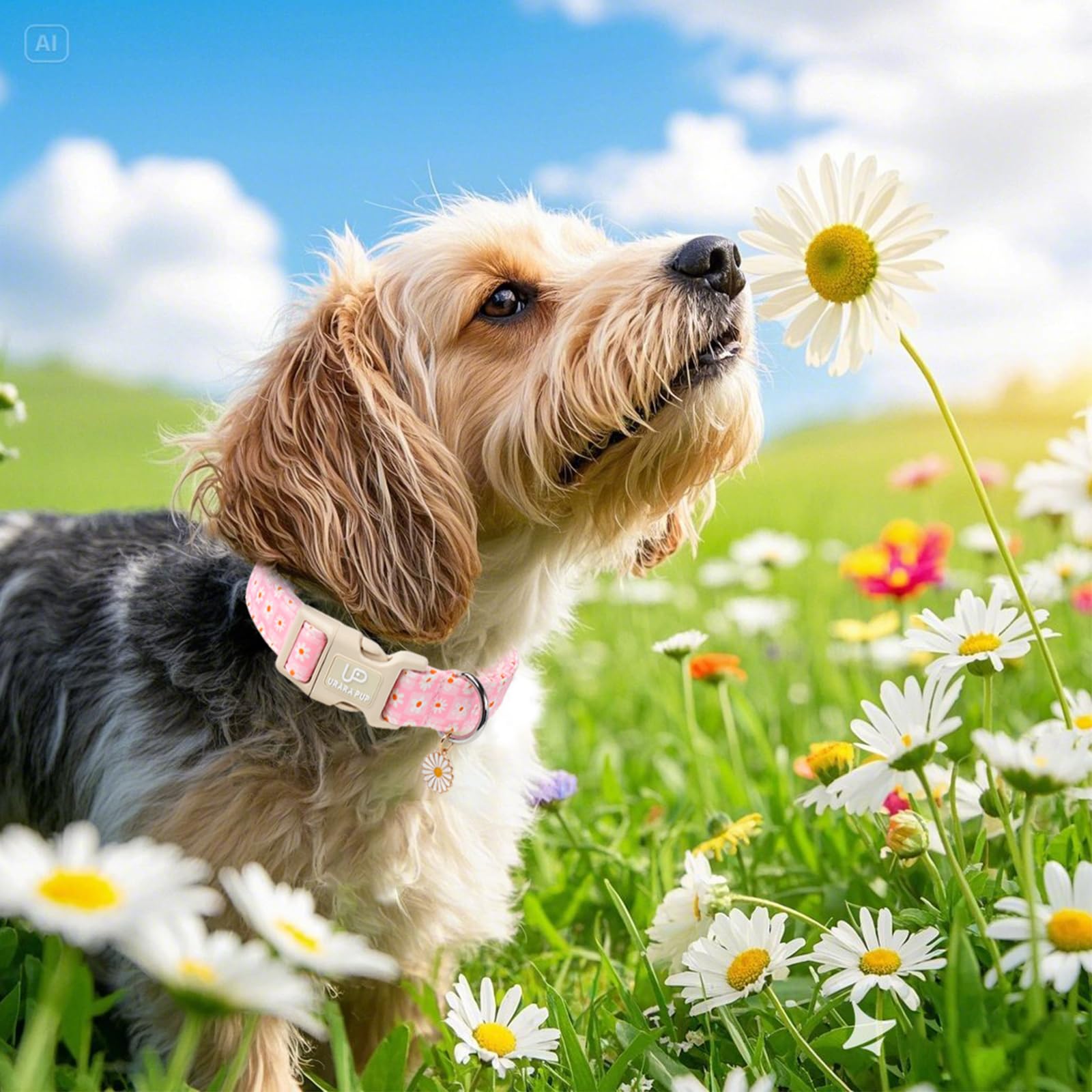 Up Urara Pup Pet Collar-Summer Daisy Dog Collars-Pink Grid Puppy Collar-Adjustable, Sturdy & Cute Girl Boy Dog Collars For Outdo