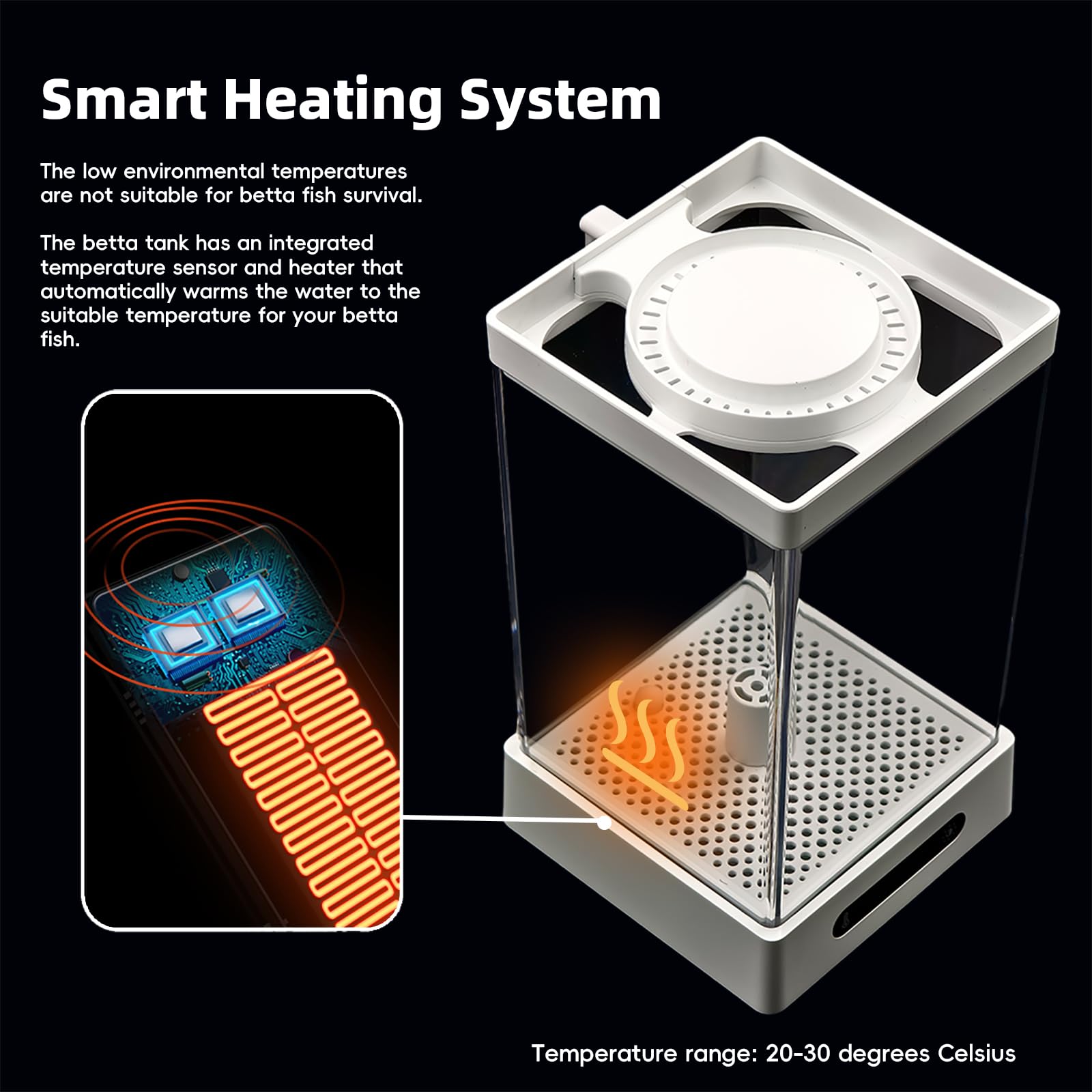 Sheawasy Betta Fish Tank with Smart Heating, Easy Water Change Valve & LED Lighting - Ideal for Home, Office & Bedrooms