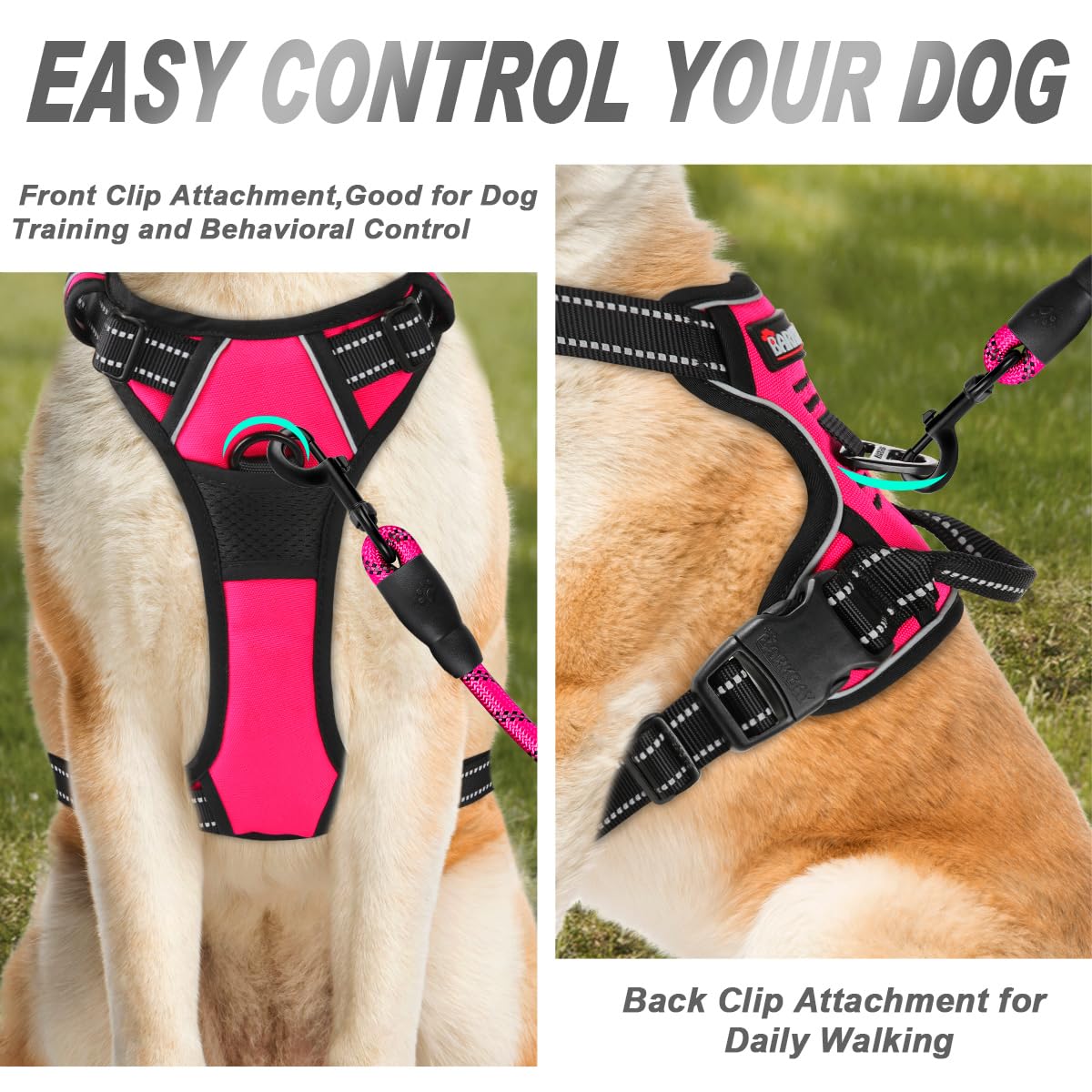 Barkbay No Pull Dog Harness Front Clip Heavy Duty Reflective Easy Control Handle For Large Dog Walking(Pink,M)