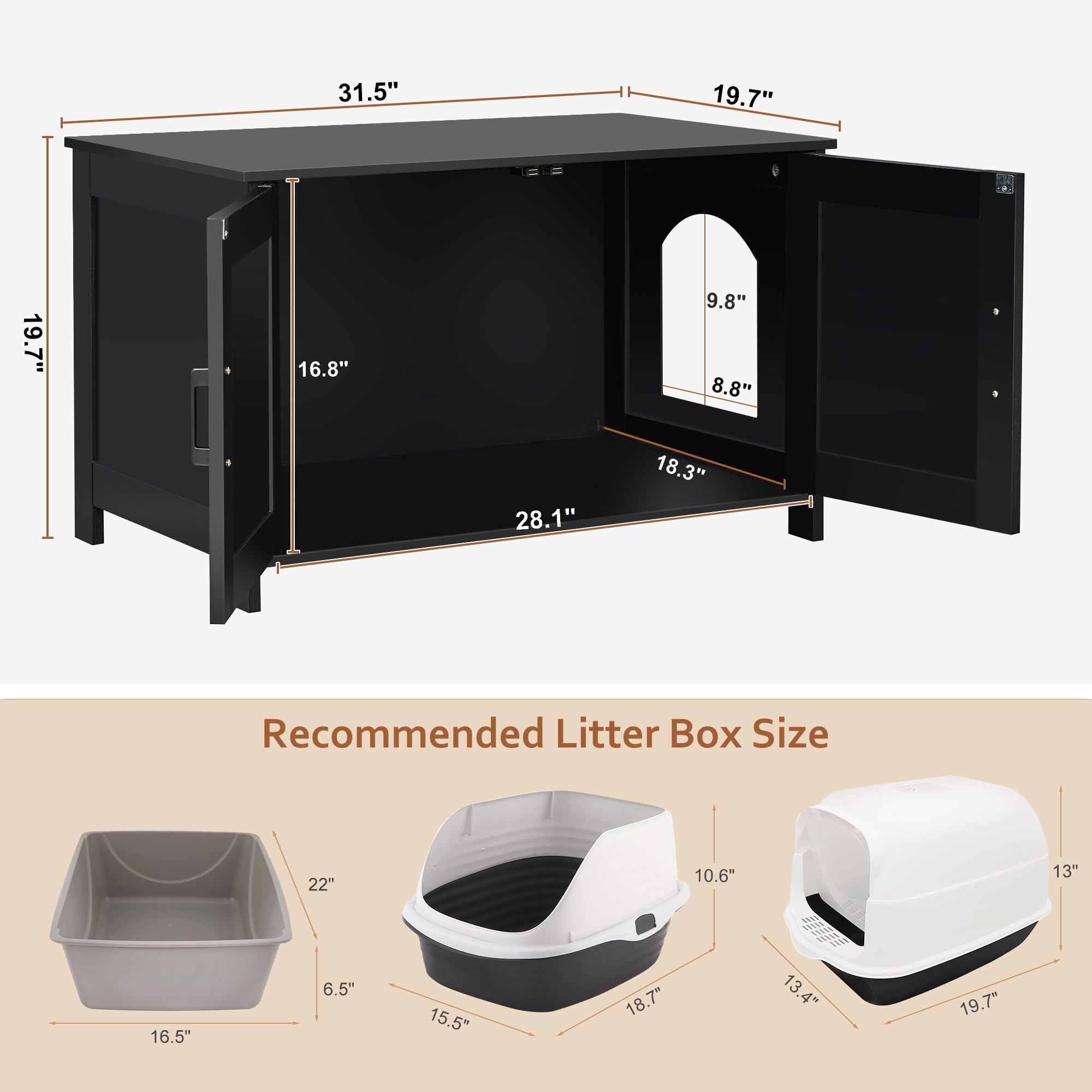 Homhedy Cat Litter Box Enclosure, Wooden Cat Washroom Furniture With Barn Door, Pet House, Fit Most Of Litter Box, Black