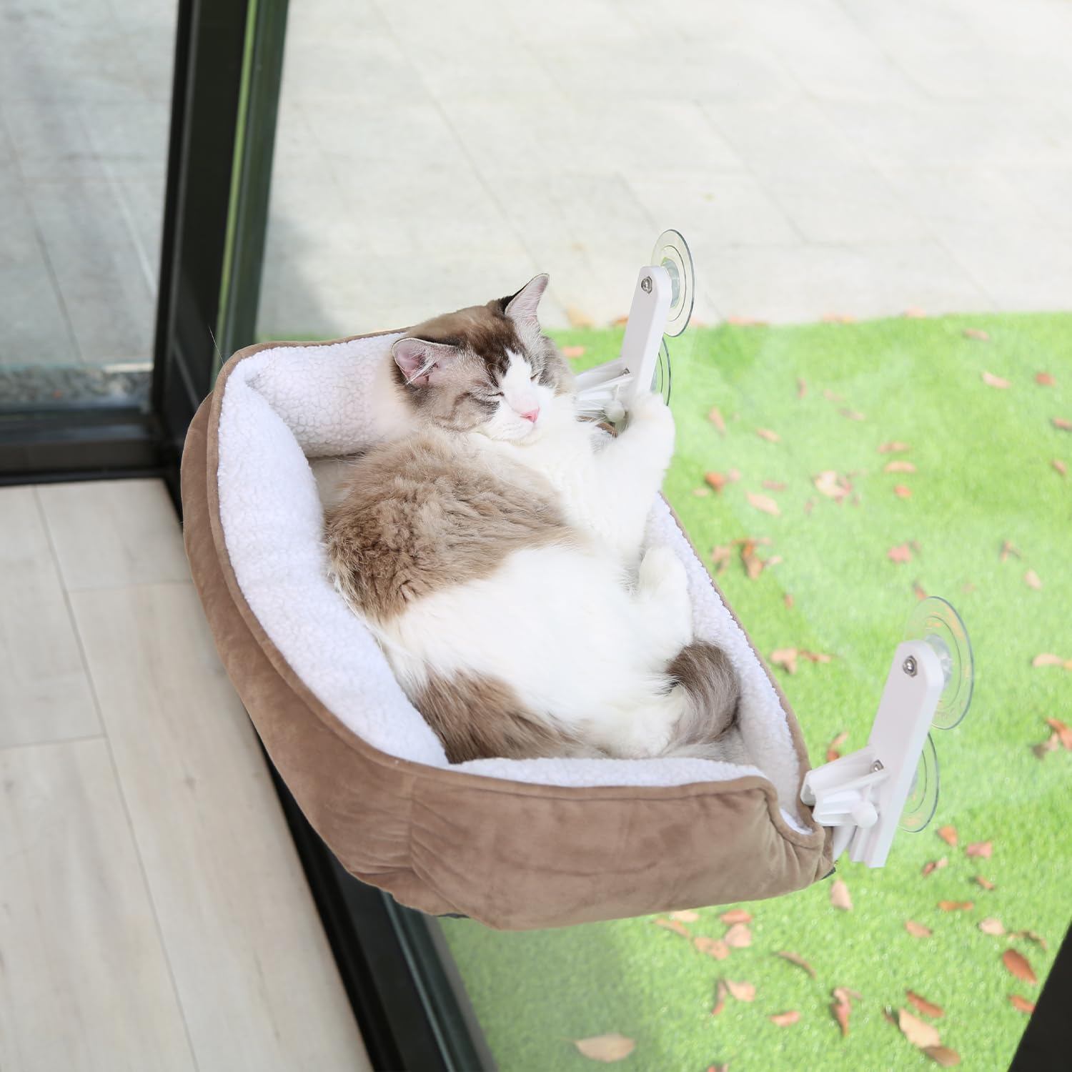 Zakkart Foldable Cat Hammock For Window With Bolster - Cordless, Three-Side Bolstered Machine Washable Fluffy Bed, Robust Metal