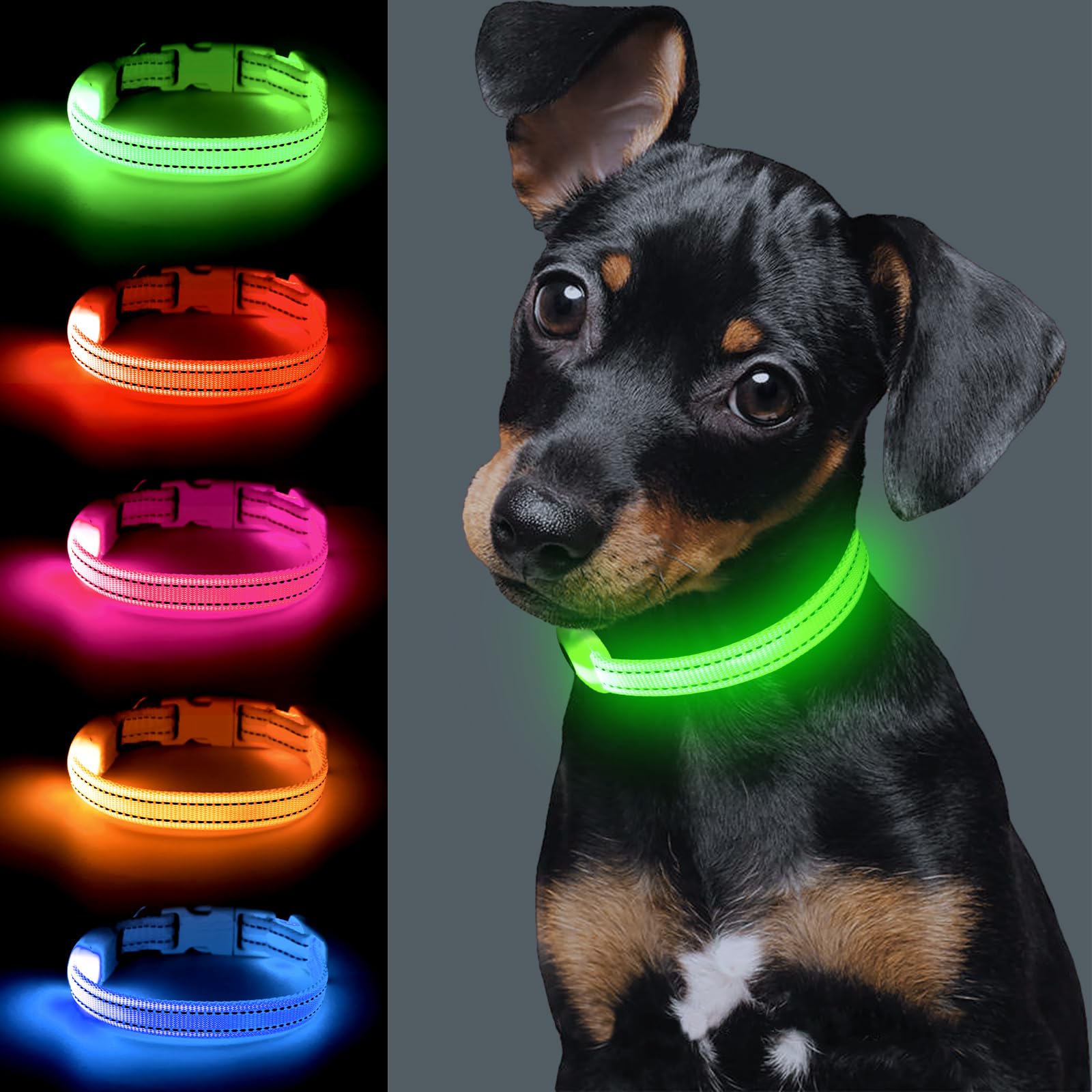 Light Up Dog Collar For Small Dog,Vizpet Xs Adjustable Size Nylon Collar Usb Rechargeable Bright Safety Pet Collar For Cats Dogs (Green)