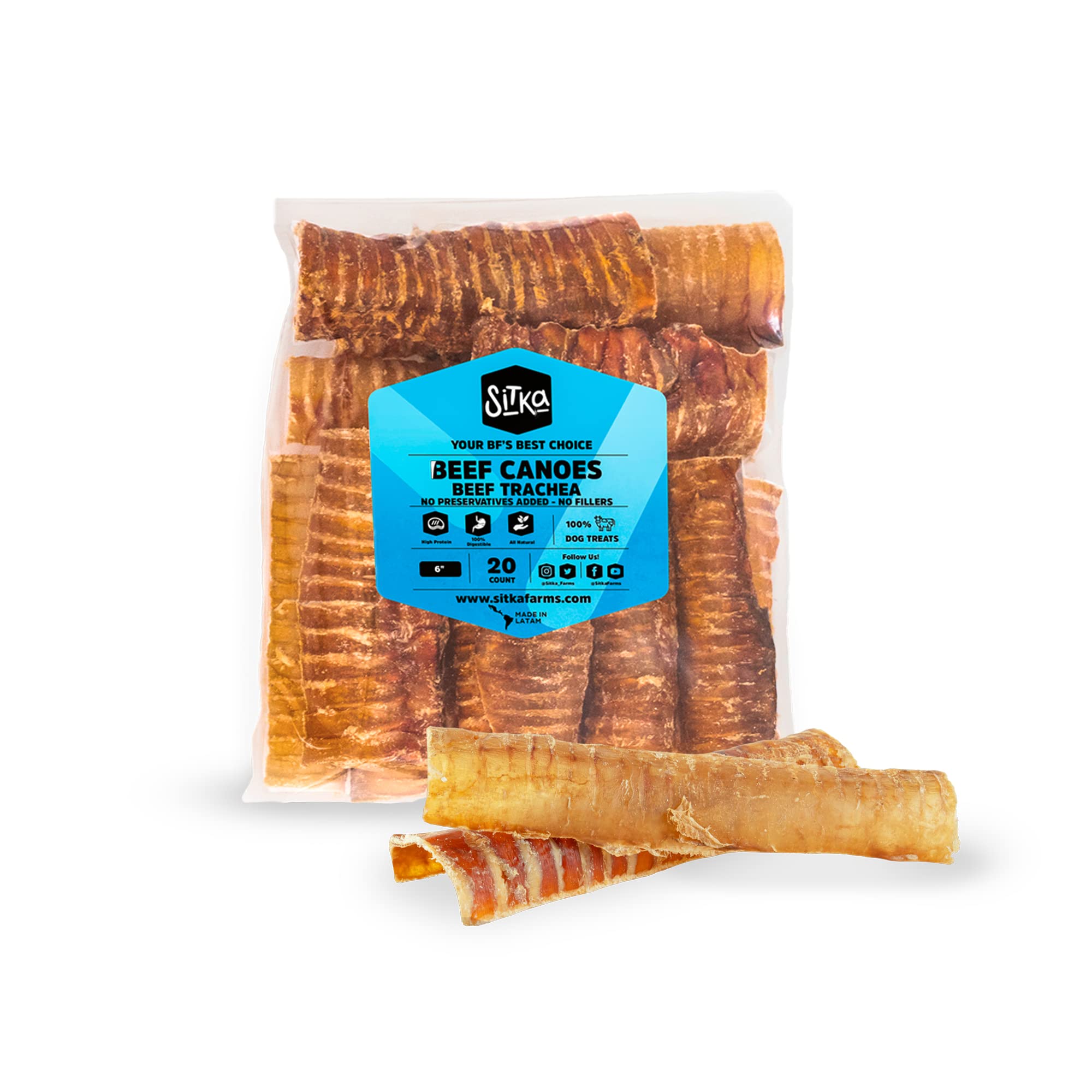 Sitka Farms Beef Split Trachea Canoe 6 - 20 Pieces - Dental Health Treat - Bone and Chews - 100% Natural Premium Dog Treat Long