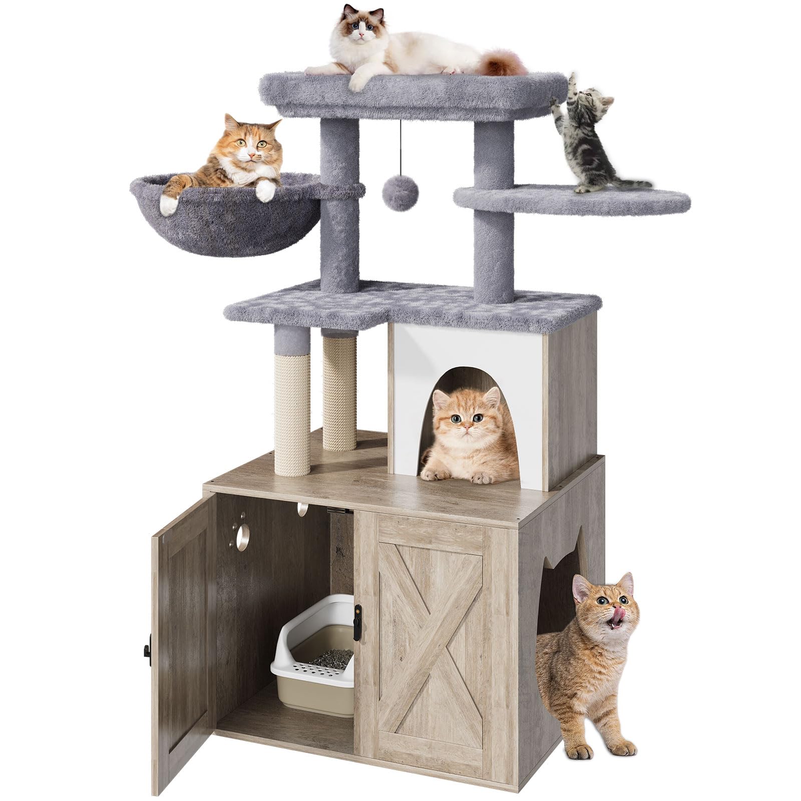 Havenlyyouth Litter Box Enclosure With Cat Tree,Cat Tree With Litter Box Enclosure,Hidden Pet Washroom Furniture With Sisal Scra