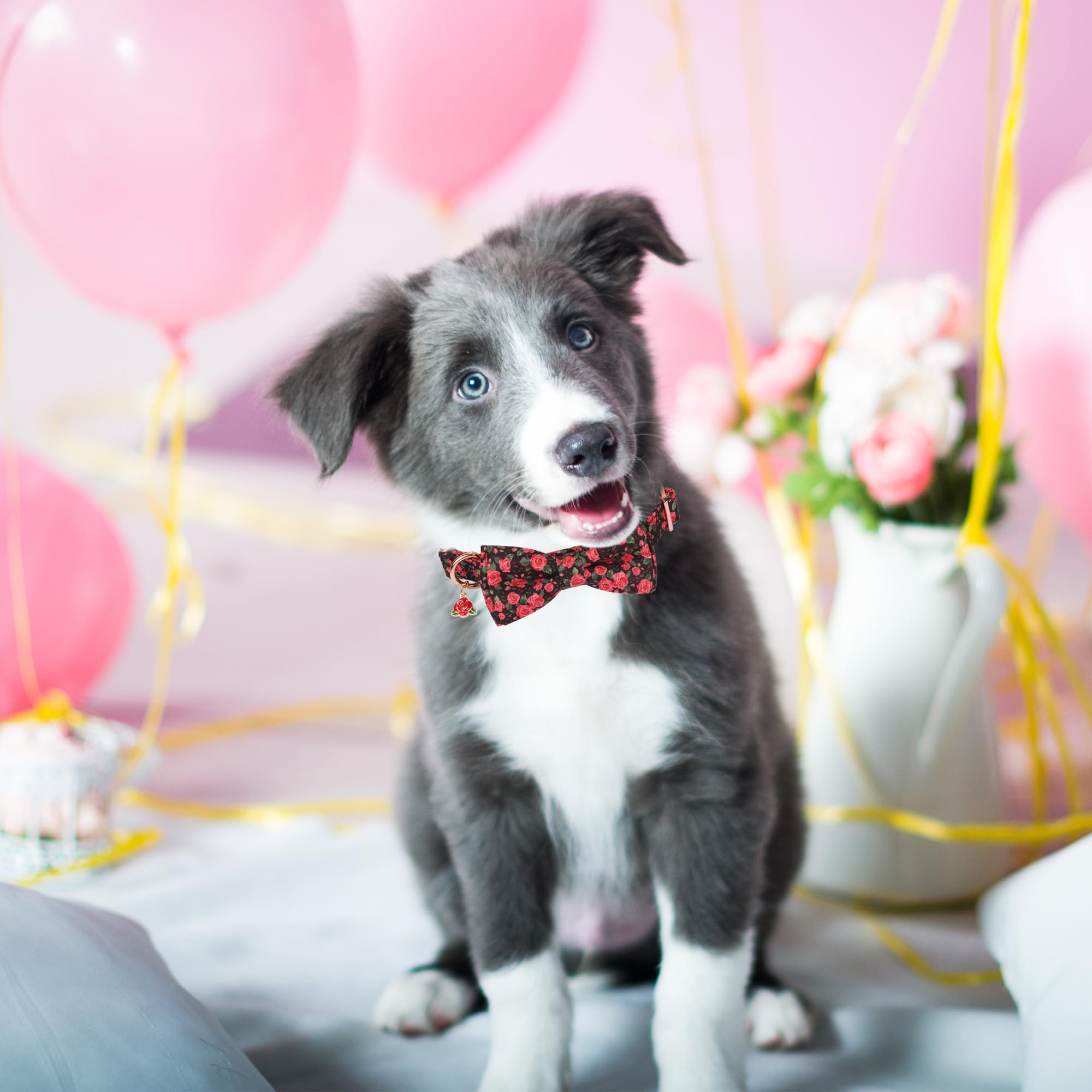 Adoggygo Floral Dog Collar With Bow, Red Rose Flower Dog Bowtie Collar With Metal Buckle, Adjustable Pet Floral Collars For Extr