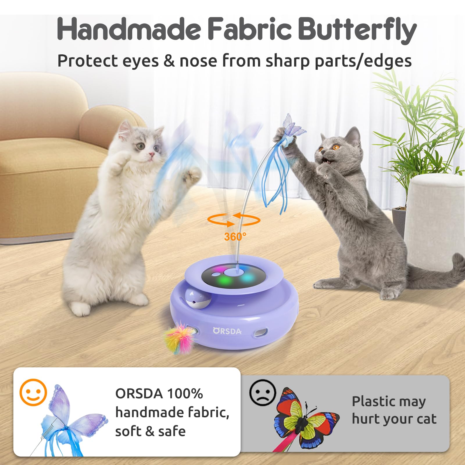 Orsda Cat Toy, 3-In-1 Automatic Interactive Electronic Moving Ambush Feather, Fluttering Butterfly, Track Balls, Usb Rechargeable Powered Smart Indoor Exercise Kicker