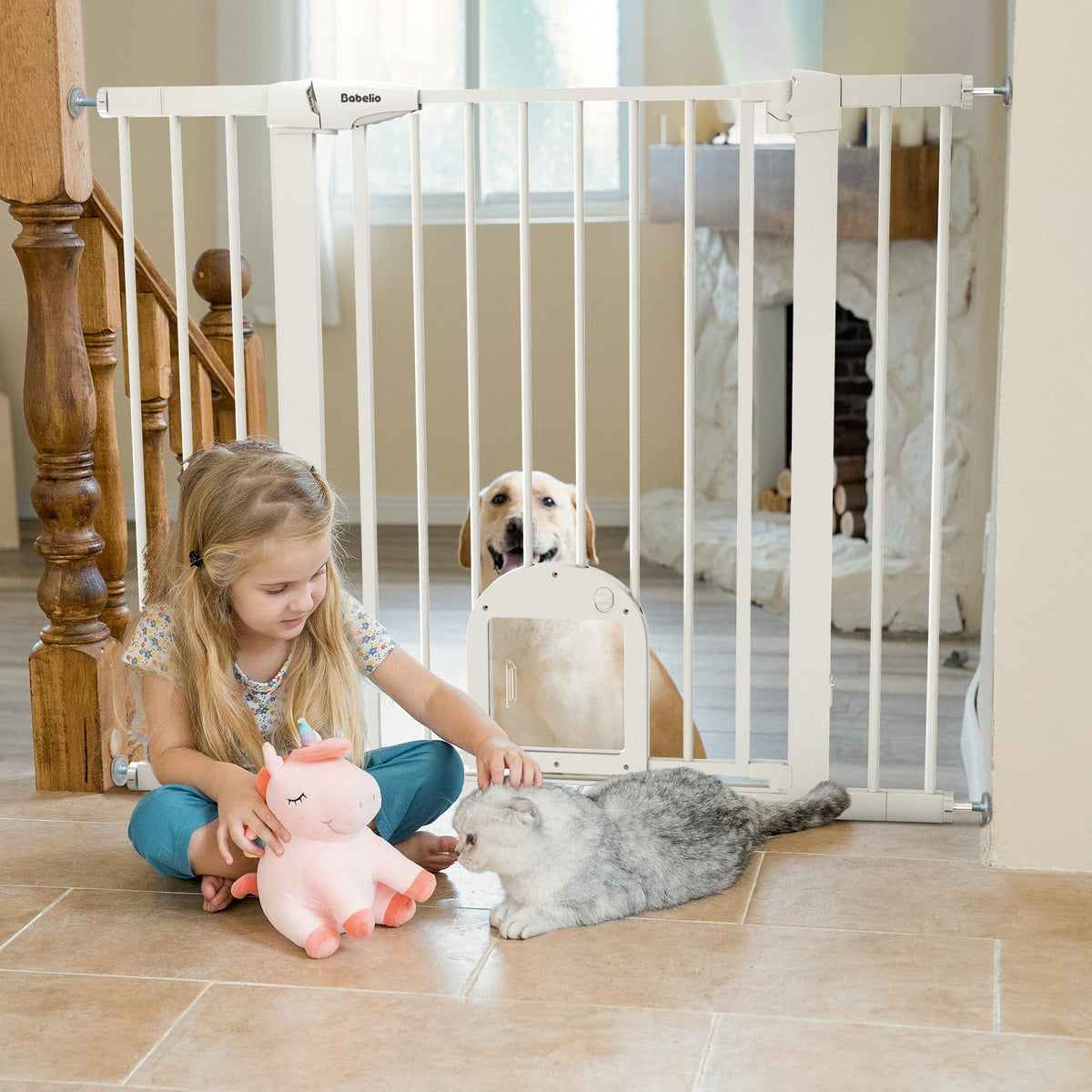 Babelio 36' Tall Upgraded Baby Gate With Cat Door, 29-43' Auto Close Durable Dog Gate For Stairs, Doorways And House, Easy Walk Thru Safety Gate With Pet Door Includes 4 Wall Cups, White