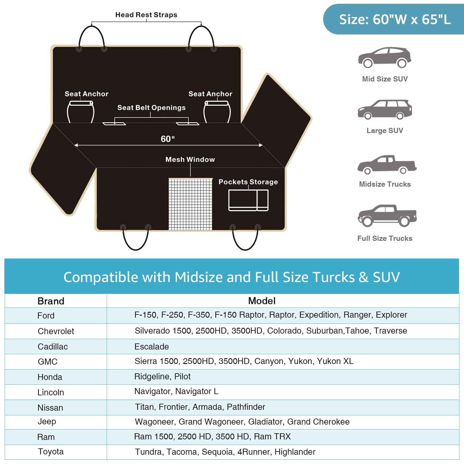 Lassie Dog Seat Covers For Trucks, Waterpfoof Dog Hammock For Truck Machine Washable And Non Slip Backseat Dog Cover For Car Com