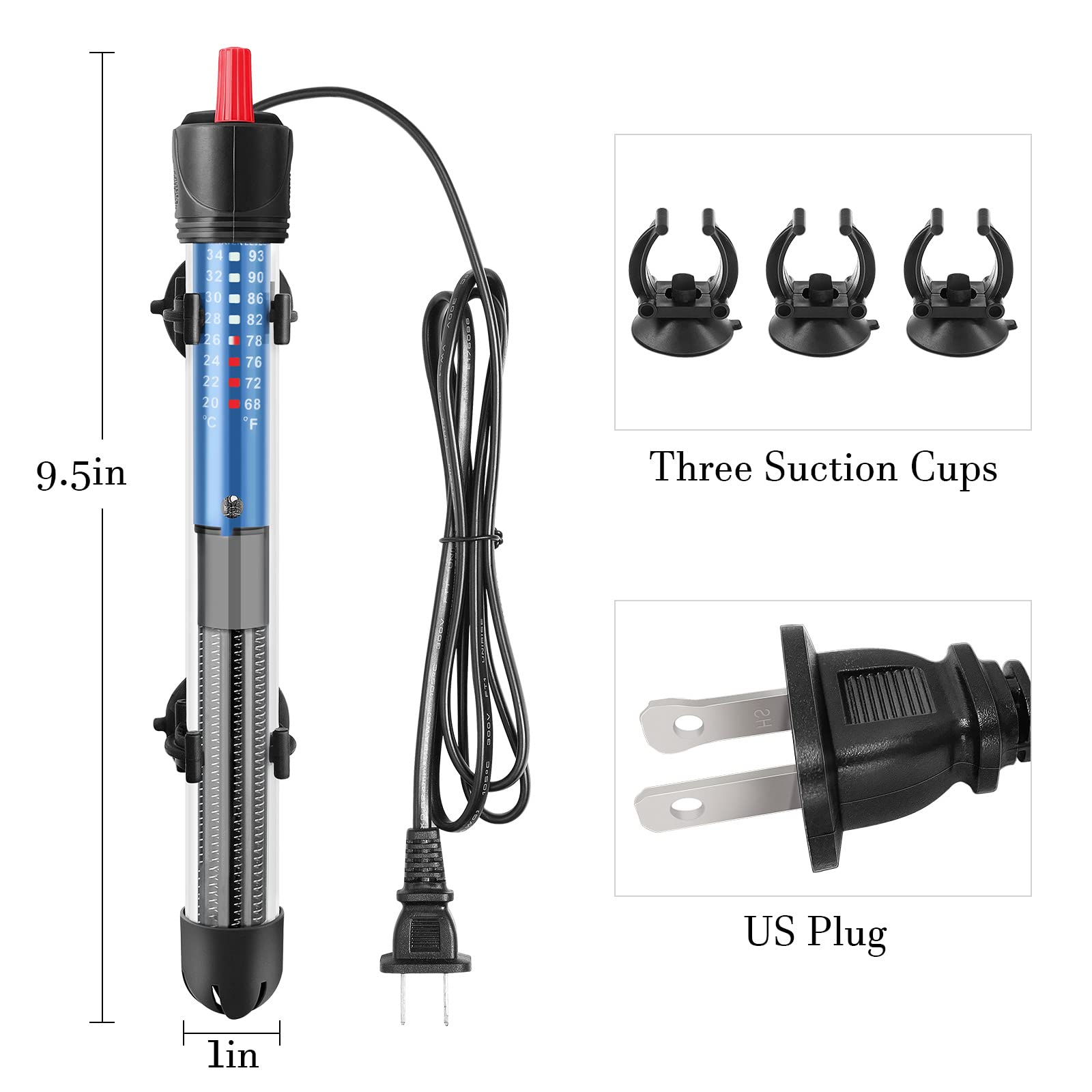 Hitop 50W/100W/300W Adjustable Aquarium Heater, Submersible Glass Water Heater For 5 - 70 Gallon Fish Tank (100W)