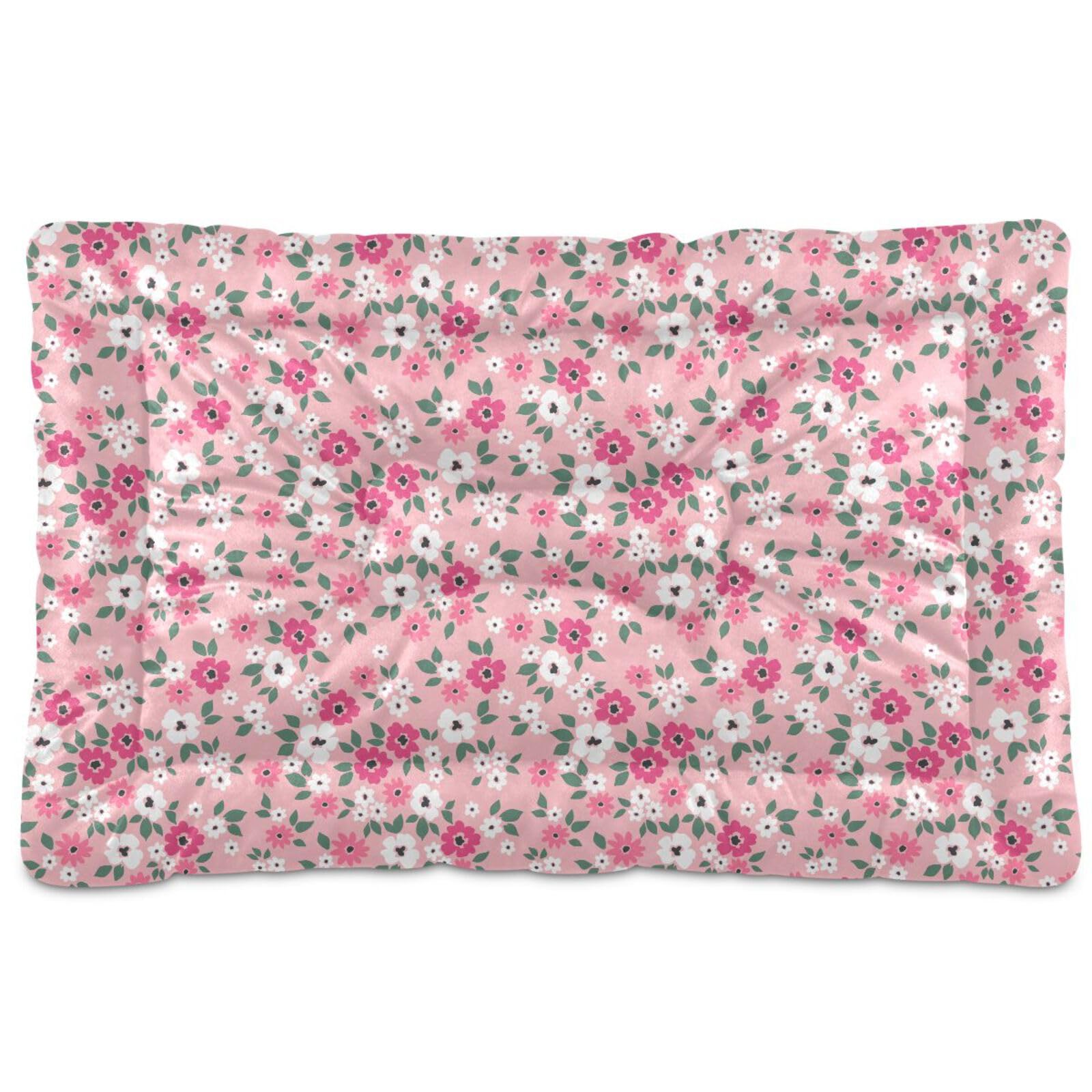 Coikll Pink Floral Pet Bed Pad Soft Dog Bed Mat With Anti-Slip Bottom, Machine Washable Crate Pad Mattress For Dog Sleeping