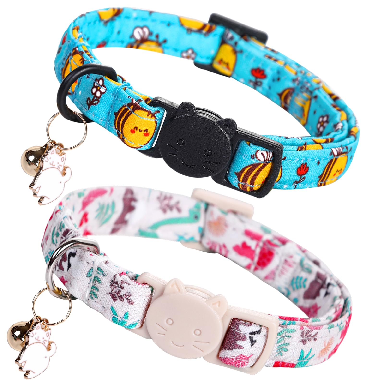 Lionheart Glory 2 Pack Cat Collar Breakaway With Bell & Pendant Dinosaurs Bees Print Kitten Collar Soft Adjustable Safety Cat Co