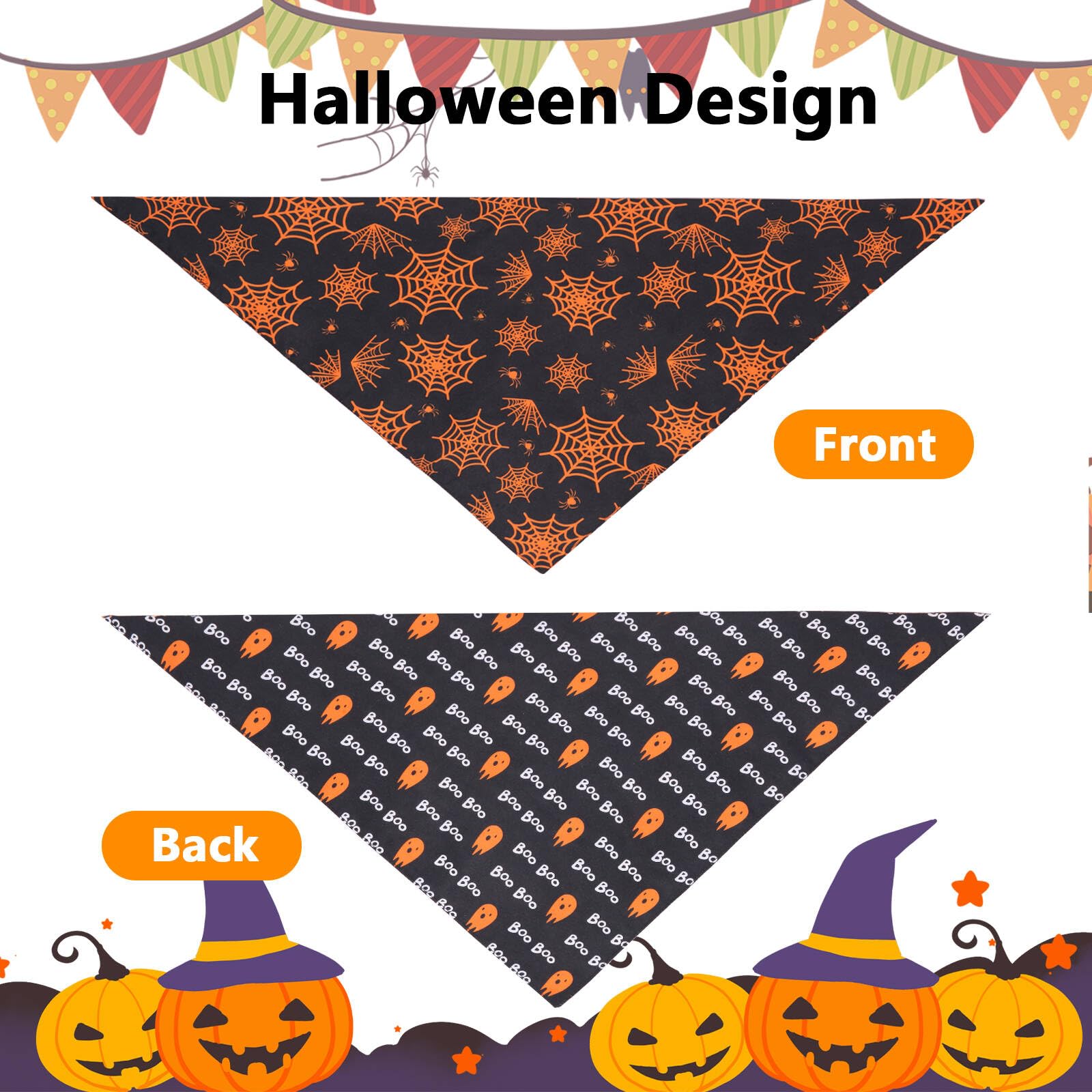 Gofshy Halloween Dog Bandanas Large 2Pcs, Reversible Triangle Dog Scarfs With Pumpkin, Spide, Bat, Ghost, Fall Puppy Bandanas Bi