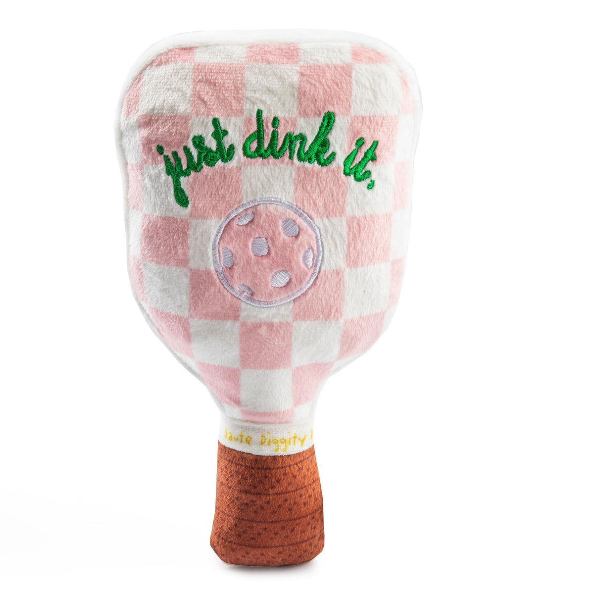 Haute Diggity Dog Pink Checker Pickleball Paddle, Plush Trendy Sporty Dog Toys With Interactive Squeaker, Stimulating Pet Enrich
