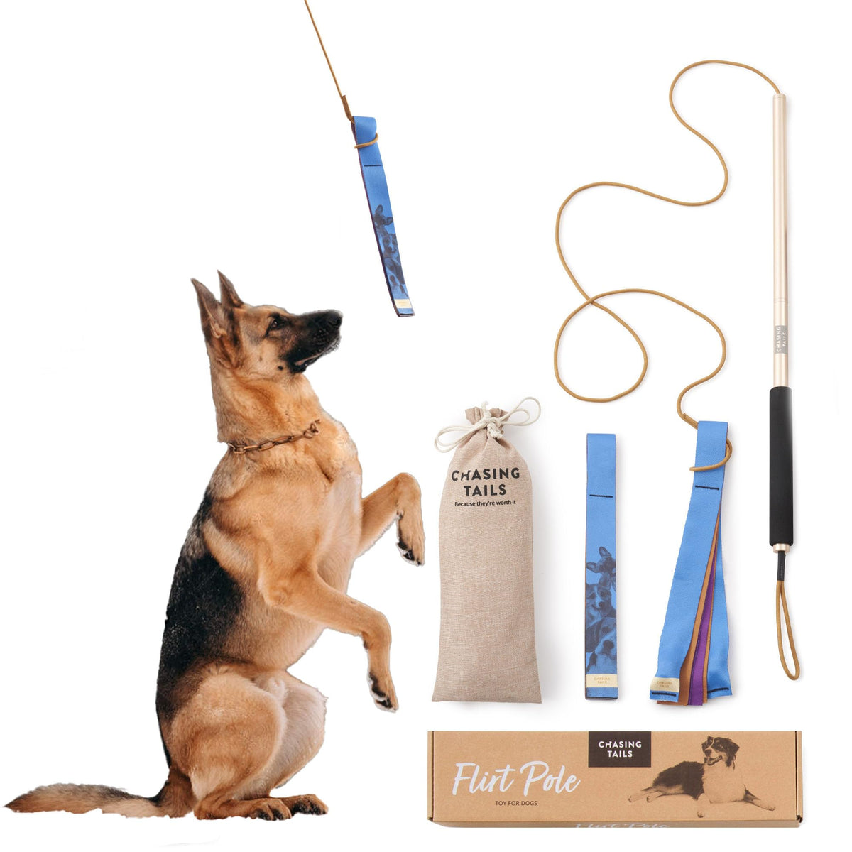 Chasing Tails Flirt Pole For Dogs Heavy Duty - 26 Inch With 30 Inch Rope And Two Toys For All Breeds - Spring Pole For Dogs, Dog Flirt Pole For Large Dogs, Dog Catcher Pole