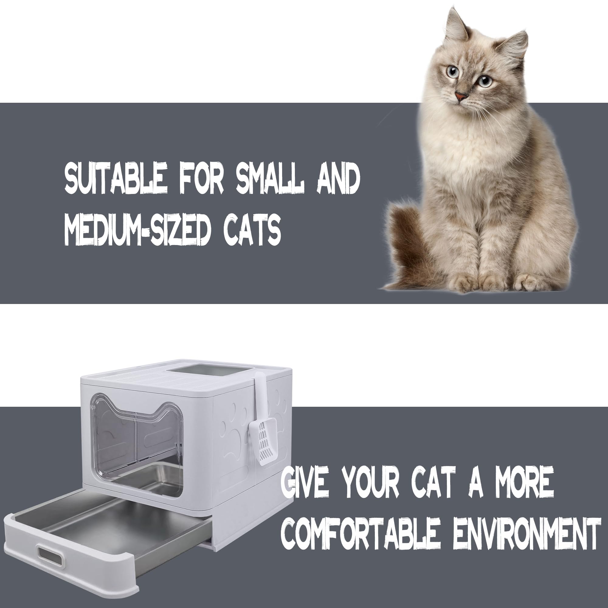 Tokenkuko Stainless Steel Foldable Litter Box With Lid,Enclosed Cat Litter Box,Front Entry Top Exit Kitty Litter Box,Large Litte