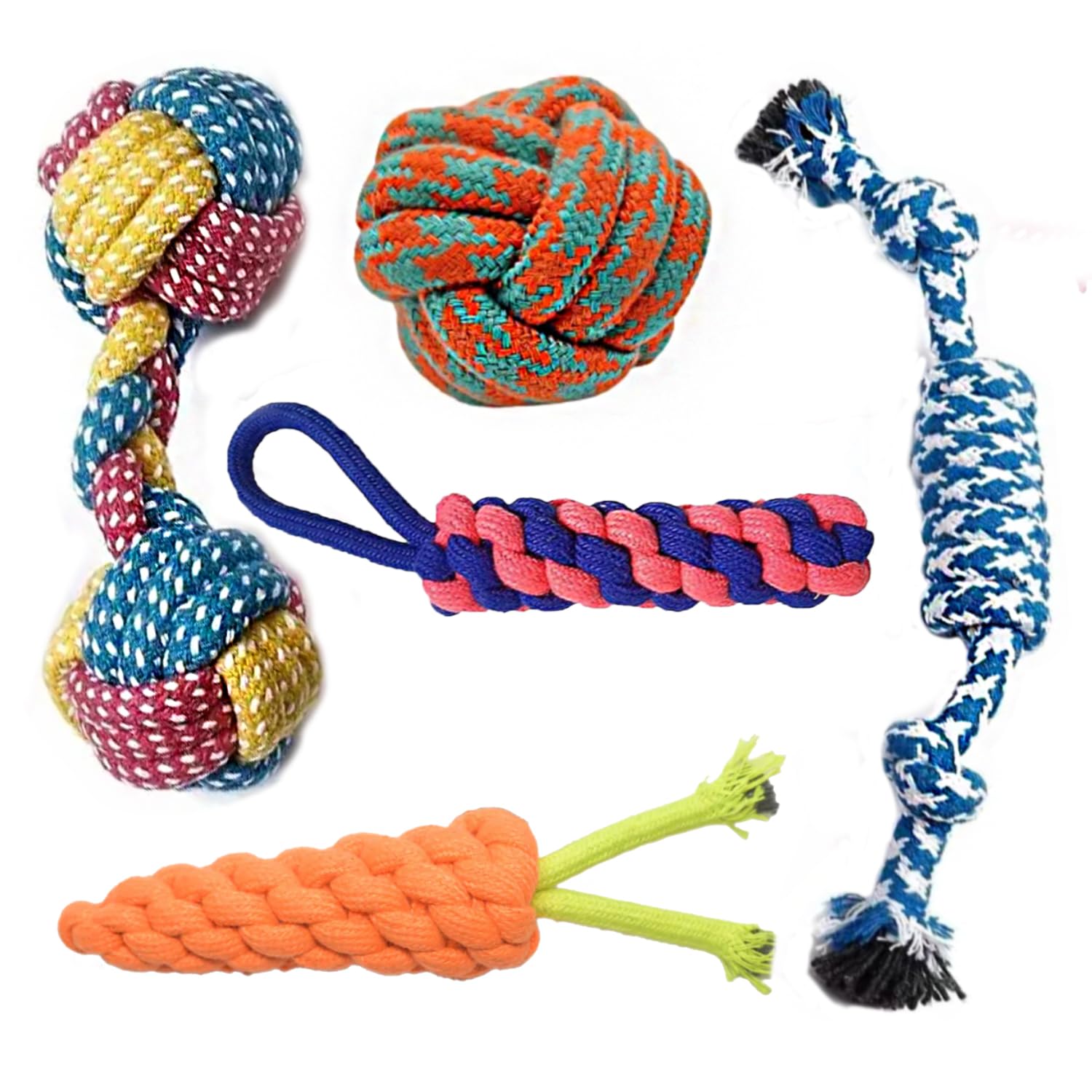 emily pets 5 in 1 Chew Cotton Rope Toy Combo for Small Dogs and Puppies | Teething and Training Toys Cotton Ball, Dummy and Carr