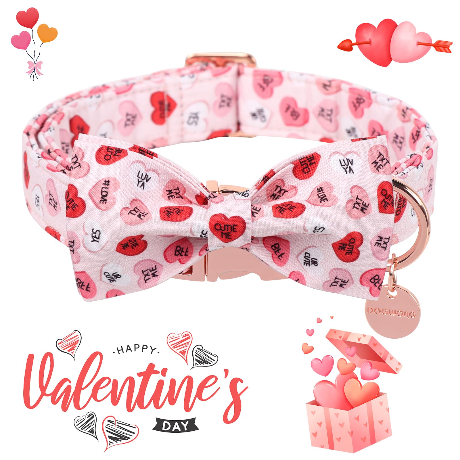 Dogwong Valentine'S Dog Collar With Bow Tie, Adjustable Durable Pink Heart Dog Collar Cute Dog Collar For Small Medium Dogs