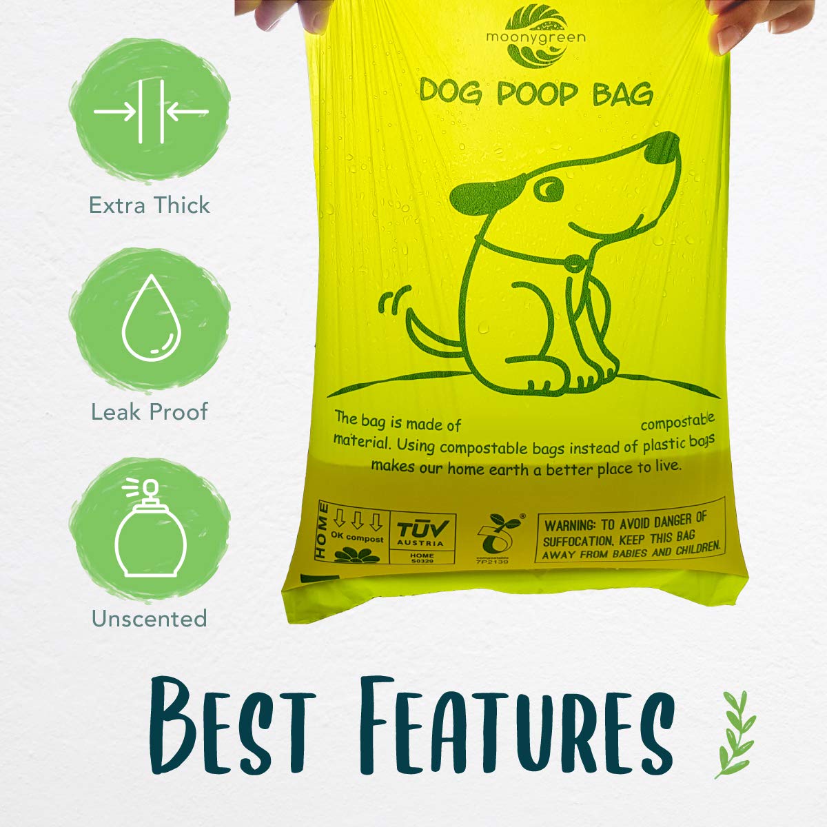 Moonygreen Dog Poop Bag, Compostable Dog Poop Bags With Free Holder, Eco-Friendly Doggie Poop Bags For Camping, Unscented, Vegetable-Based, Extra Thick, Leak Proof, Size 9 X 13 Inches, 60 Count