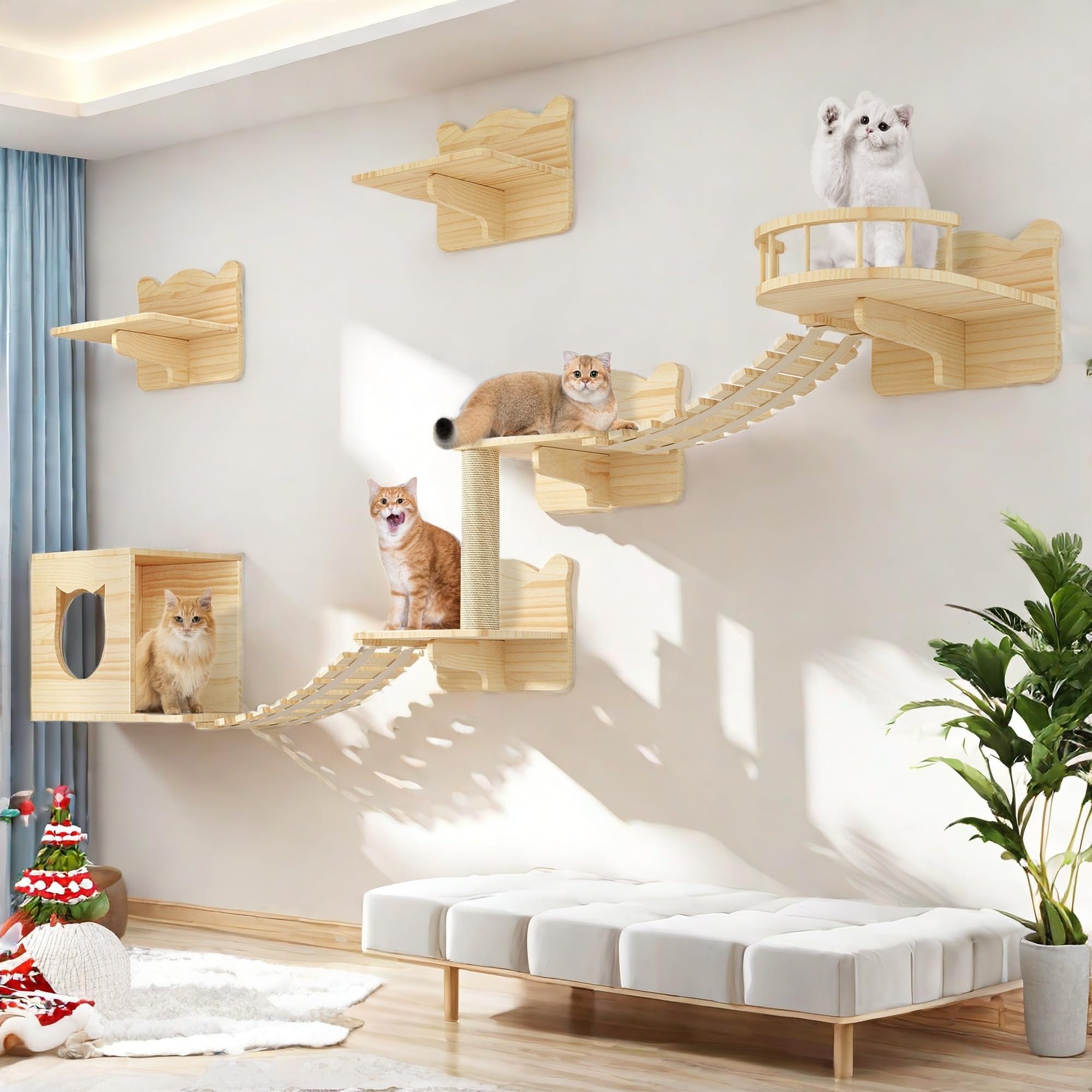 Homiflex Cat Wall Shelves Set of 9, Burlywood Wooden Cat Furniture with Scratching Post, House, Condo, Bridge Ladder for Multiple Cats