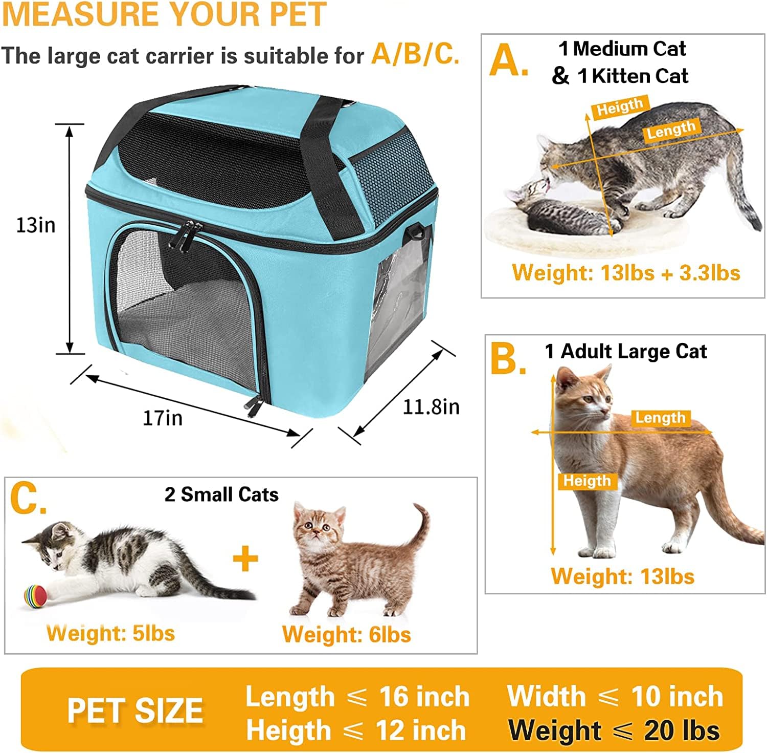 Bejibear Small Cat Carrier For 2 Cats, Oeko-Tex Certified Soft Side Pet Carrier For Cat, Small Dog, Collapsible Travel Small Dog Carrier, Tsa Airline Approved Cat Carrier For Medium Cats 20 Lbs (Blue)