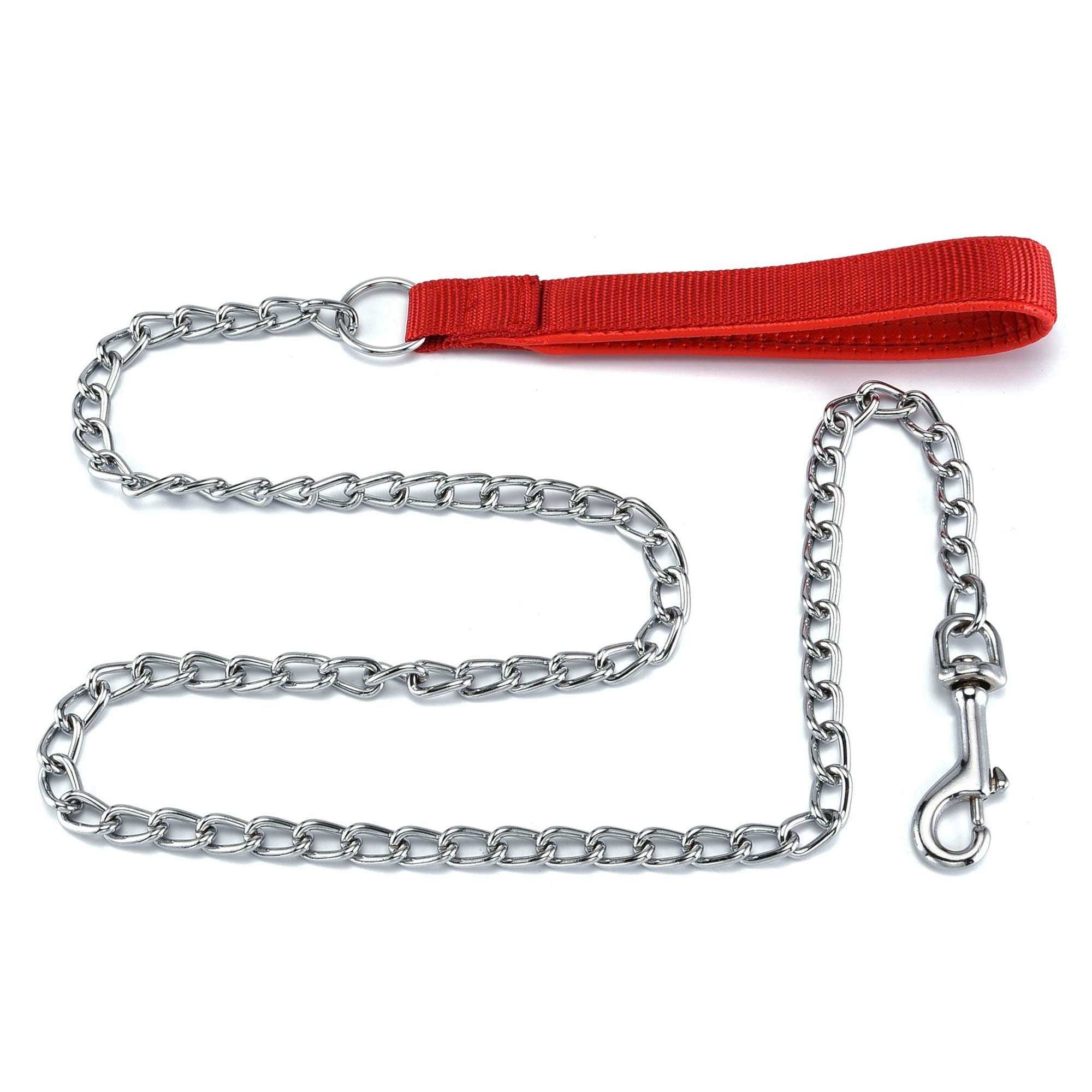 Filhome Metal Dog Leash Chew Proof Dog Chain Leash 4Ft Heavy Duty Sturdy Pet Dog Leash With Red Padded Handle For Large Medium Dogs