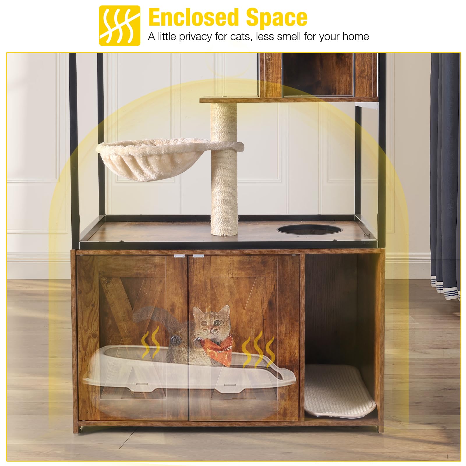 Aivituvin Wooden Cat Washroom Furniture - Enclosure With Hidden Litter Box, Condo, Hammock, Scratching Mat And Storage Shelves