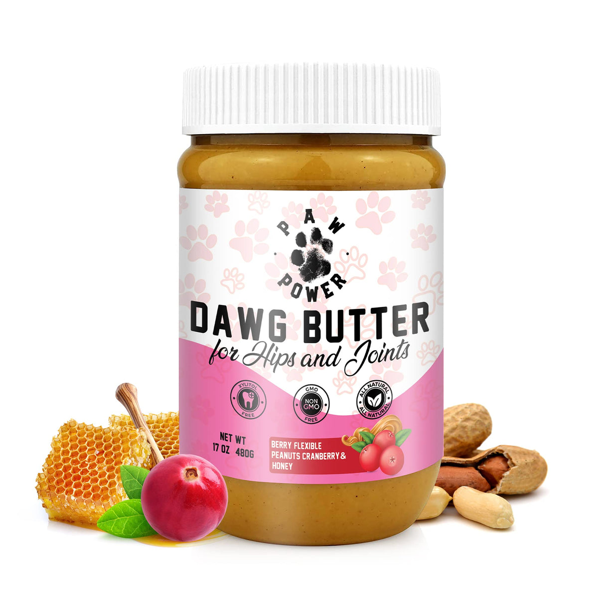 Paw Power Dawg Butter, All Natural Peanut Butter Dog Treats, Dog Peanut Butter For Puppies & Senior Dogs, Delicious Peanut Dog Treat Paste, Non-Gmo Dog Birthday Treats, No Xylitol (Cranberry)