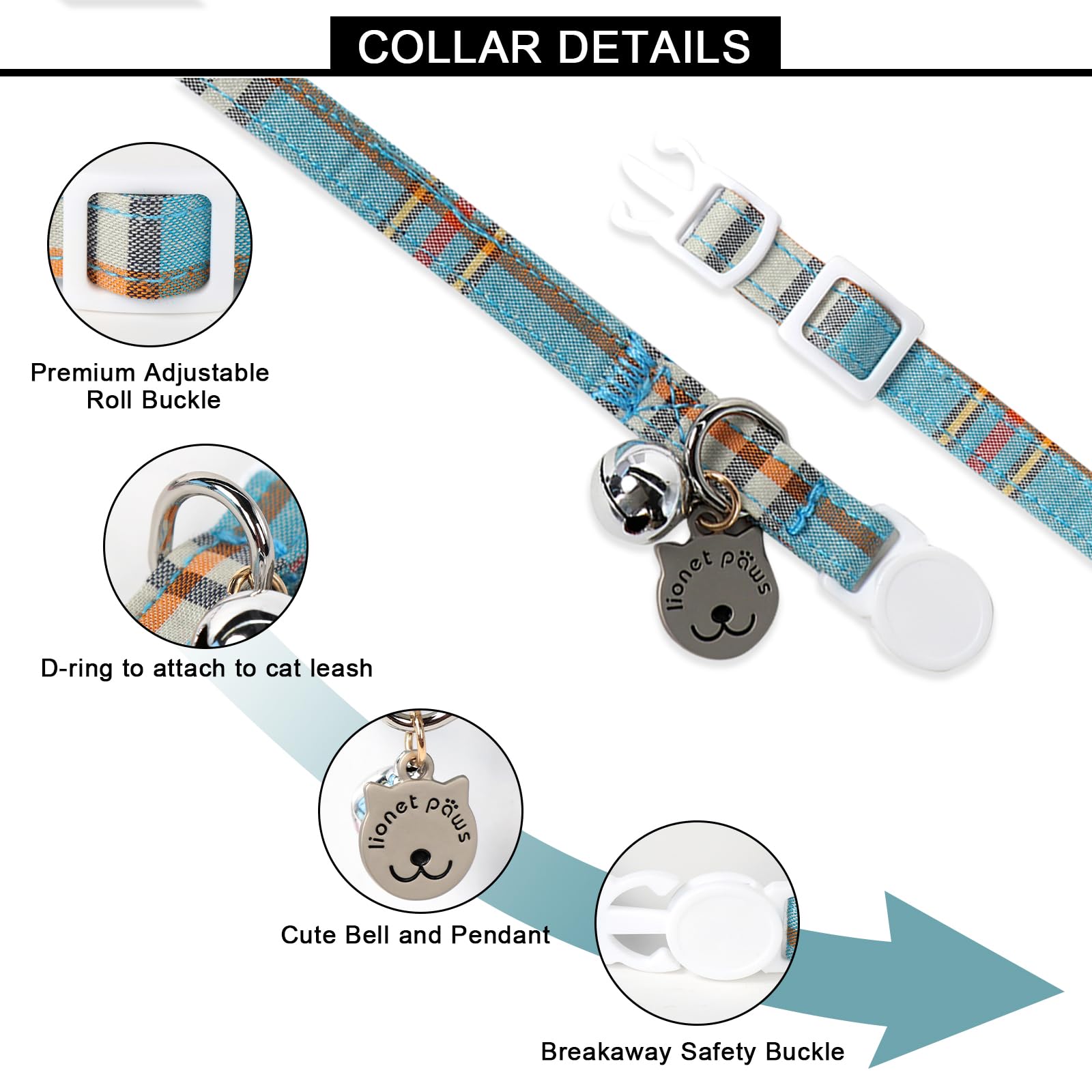Lionet Paws 2Pcs Pack Cotton Cat Collar,Breakaway Buckle With Blue Grid And Brand Pendant Cute Adjustable Cat Kitten Collar,Idea