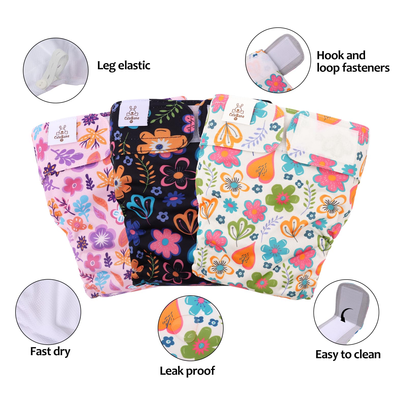 Cutebone Washable Dog Diapers Female No Tail Hole 3 Pack Reusable Doggie Period Training Pants For Docked-Tail Frenchie French Bulldog Boston Terrier Without Tail Wwd19M