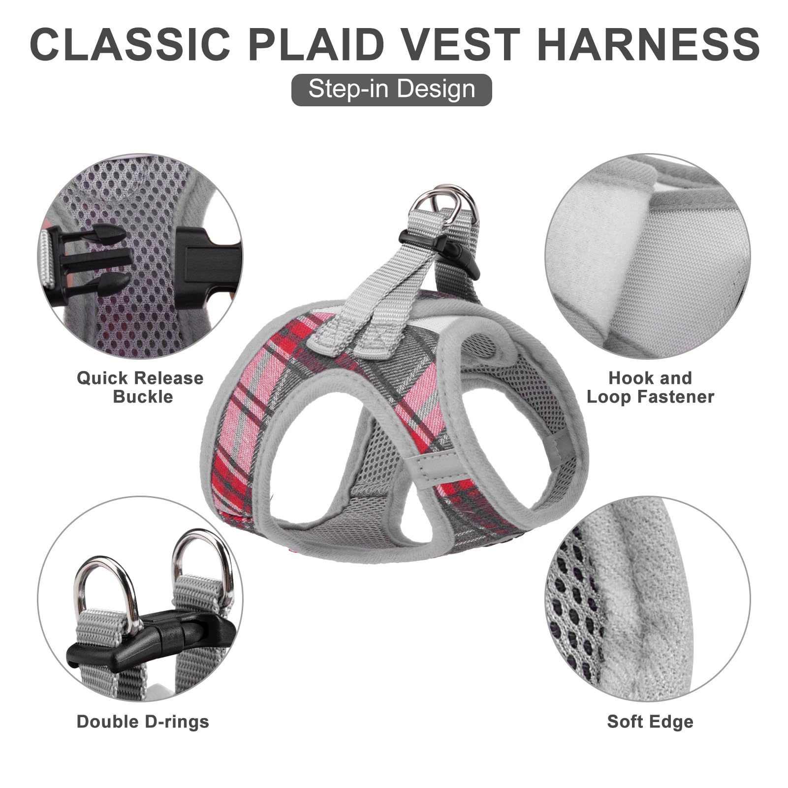 EXPAWLORER Classic Plaid Dog Harness - Medium Dog Collar and Leash - Soft Mesh Padded Adjustable Step in Dog Vest Harness No Pul