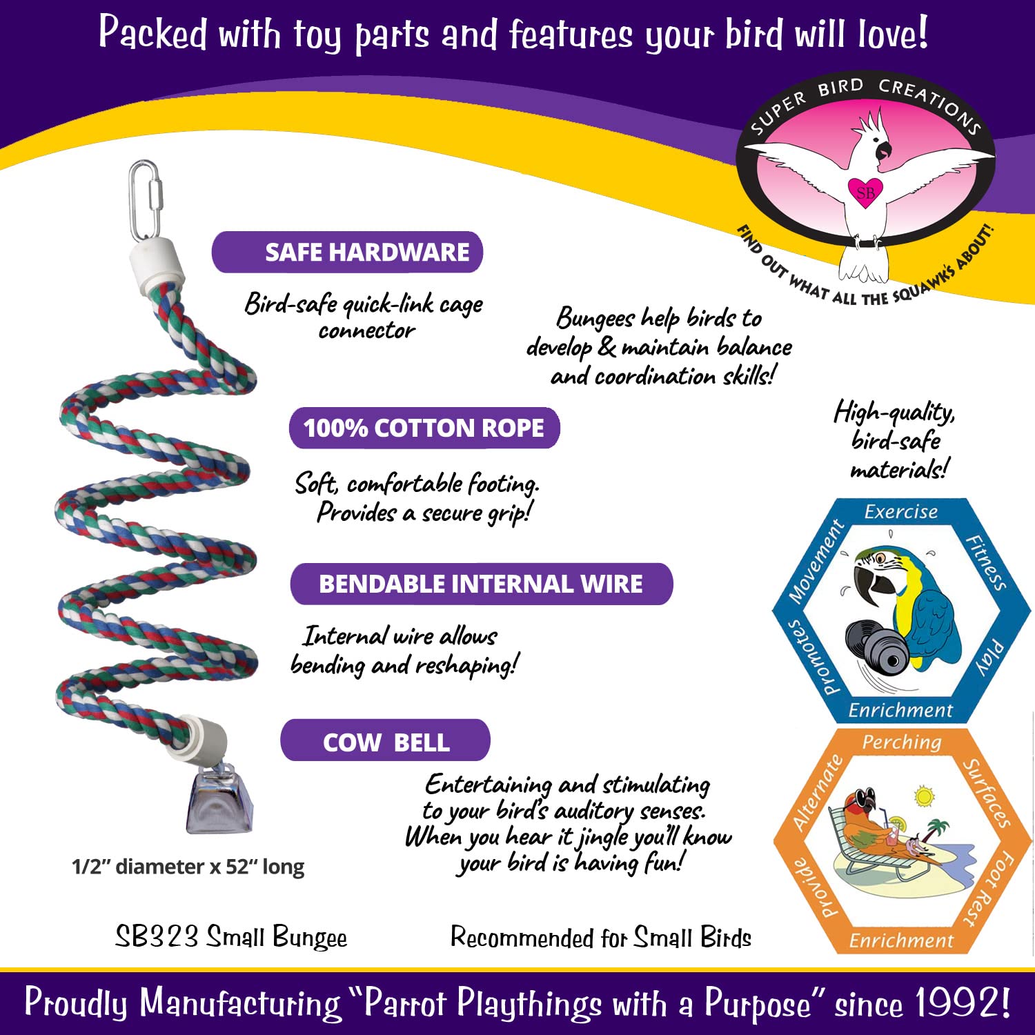 Super Bird Creations Sb323 Small Bungee Bird Toy - Rope Perch For Canary, Parakeets, Cockatiels, Finch, Lovebirds - Colorful Han