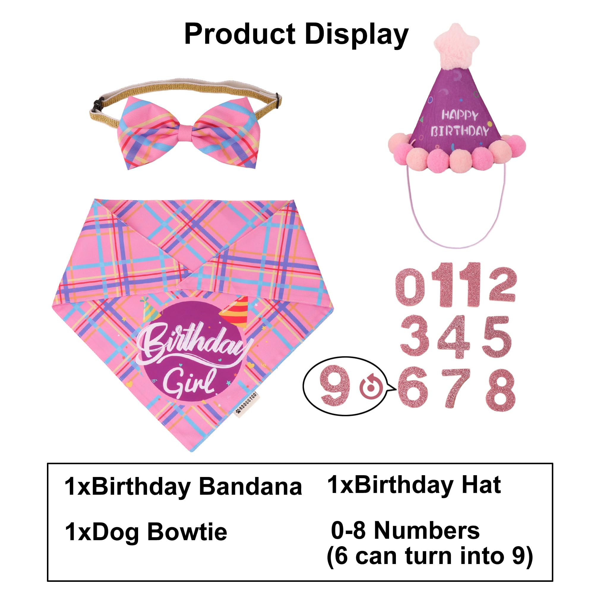 Adoggygo Dog Birthday Party Supplies, Pink Birthday Girl Pet Bandana Hat Bowtie Set For Medium Large Dogs (Large)