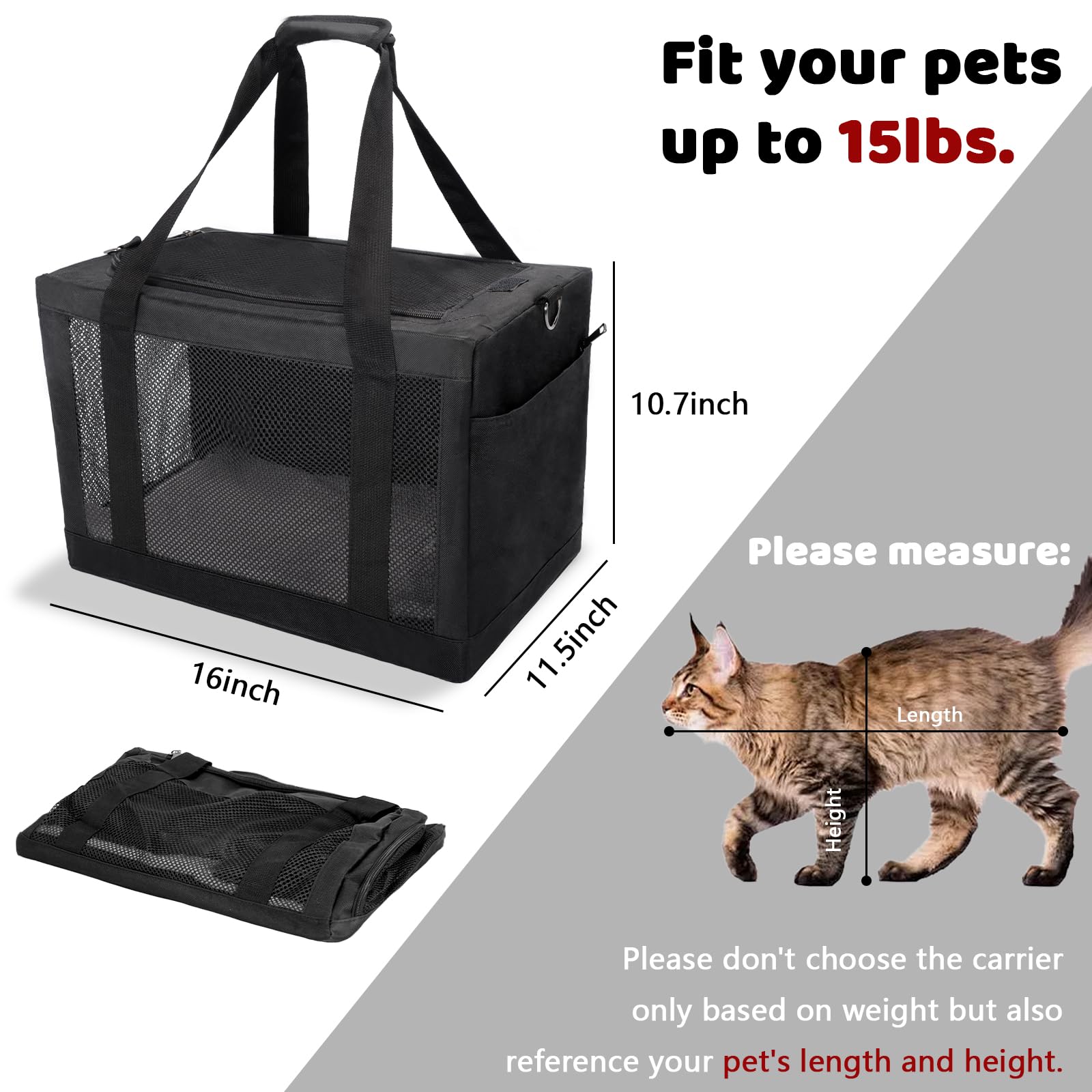 Soft Side Pet Carrier Bag with Shoulder Strap, Breathable Collapsible Mesh Cat Carrier for Cats and Dogs, TSA Airline Approved T