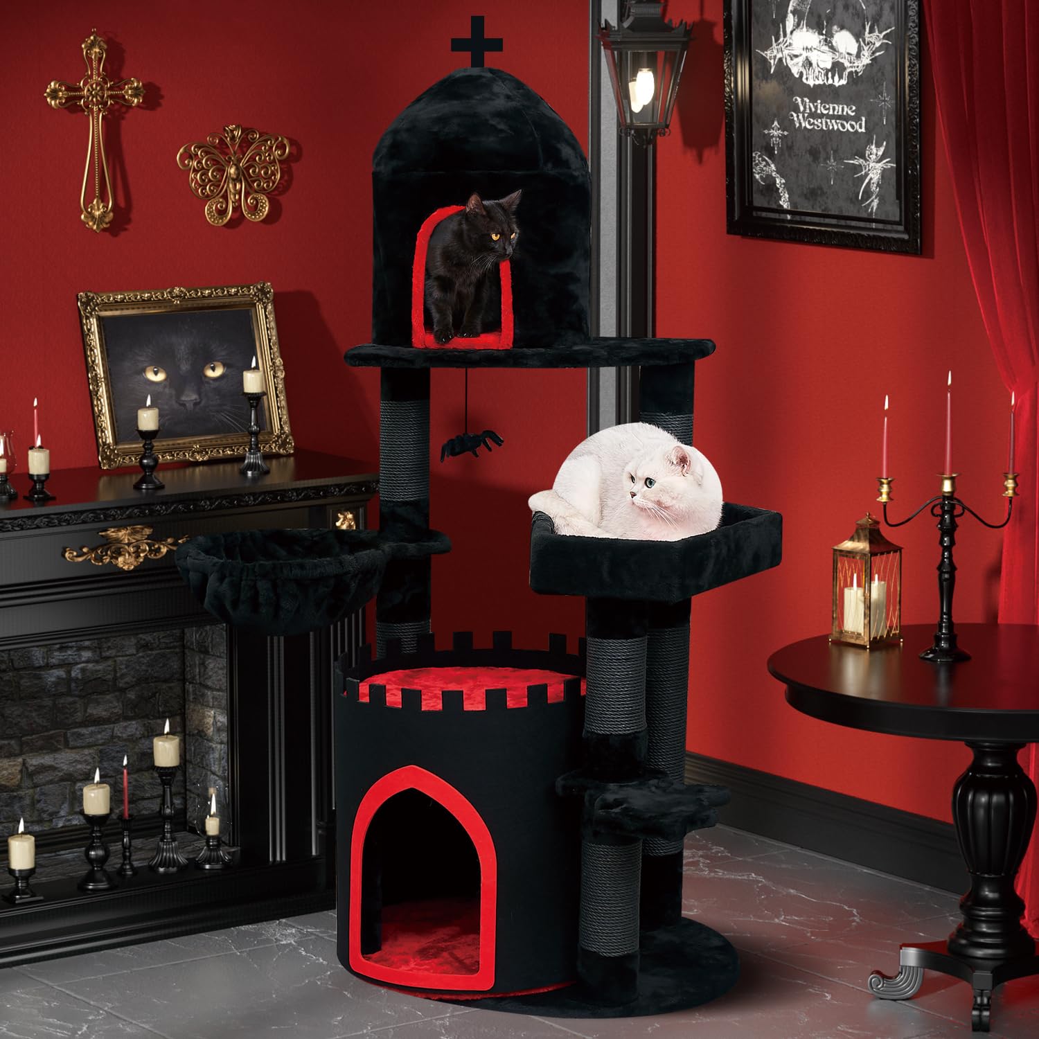 Yaruomy Gothic Cat Tree Castle, 56In Black Cat Tower With Coffin Cat Bed, Spacious Cat Condo For Halloween Cat, Kraft Twine Scra