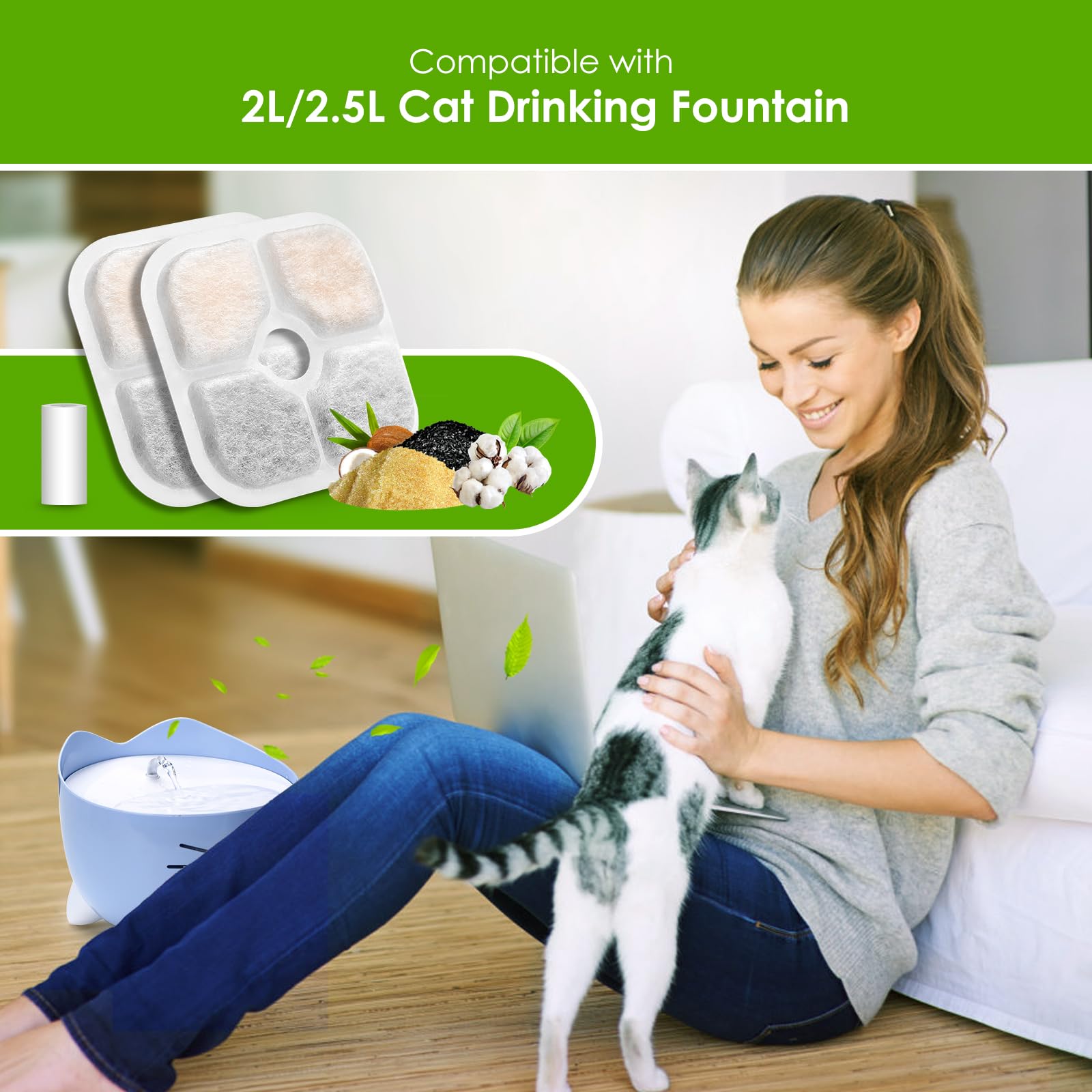 Cat Water Fountain Filter, 3-Pack Pet Fountain Filter Replacement Compatible With 2L/2.5L Cat Drinking Fountain, Replacement Triple Action Water Filter Activated Carbon Filter, 1 Hose
