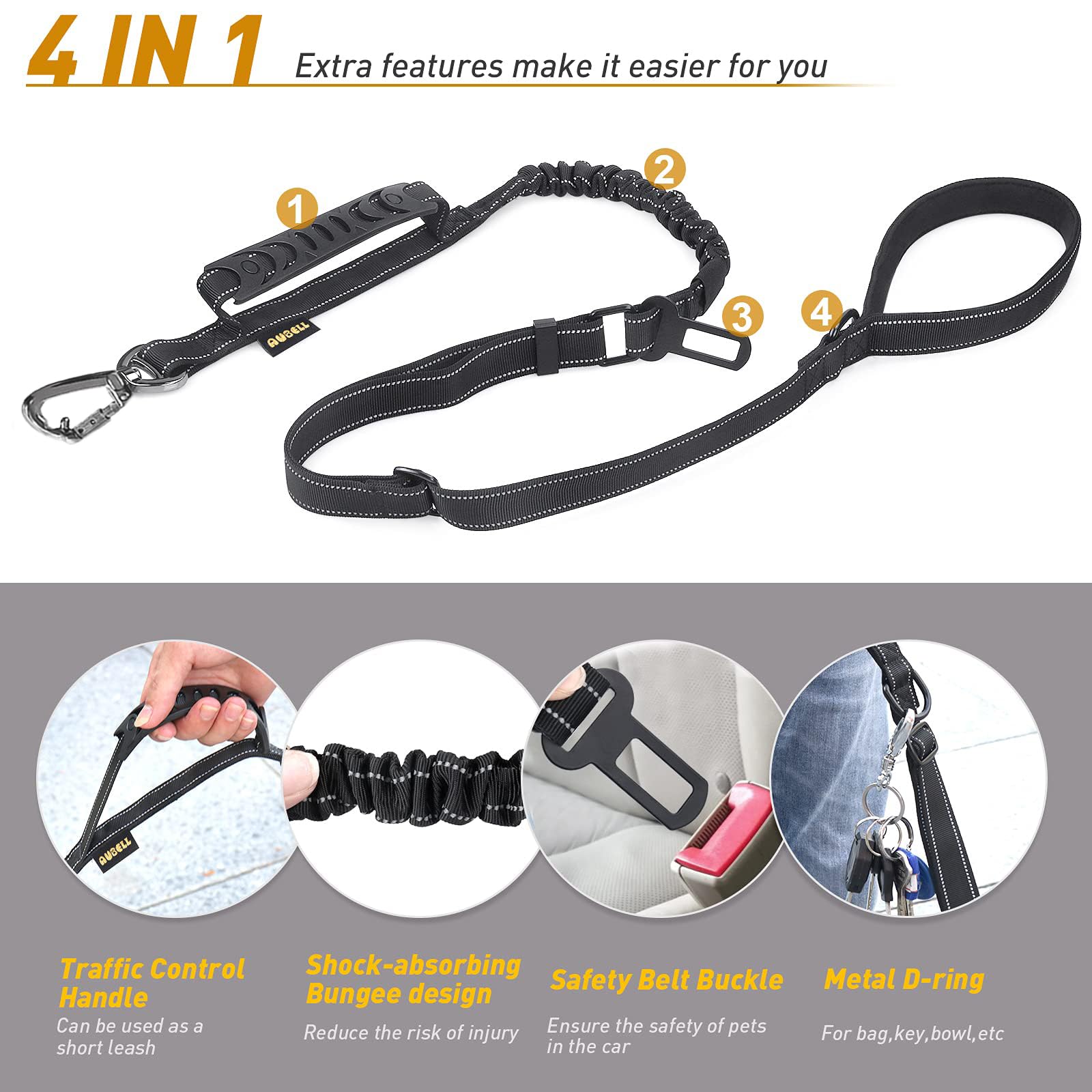 Heavy Duty Dog Leash, Reflective Dog Leashes With Car Seat Belt And Soft Padded Handle, 6Ft Strong Dog Leash For Training, Walking Lead For Large Medium Dogs, Black