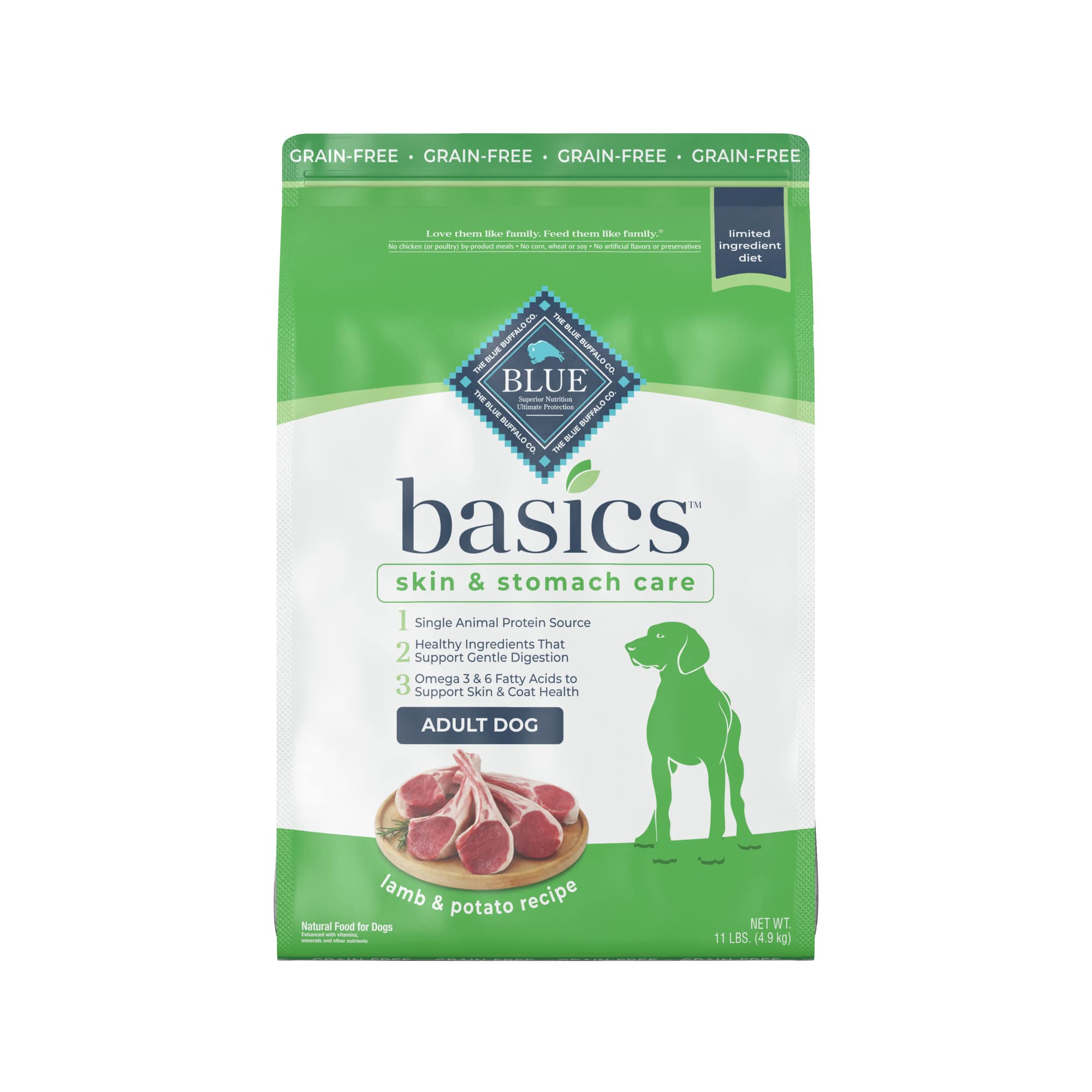 Blue Buffalo Basics Grain-Free Adult Dry Dog Food, Skin & Stomach Care, Limited Ingredient Diet for Dogs, Lamb Recipe, 11-lb. Ba